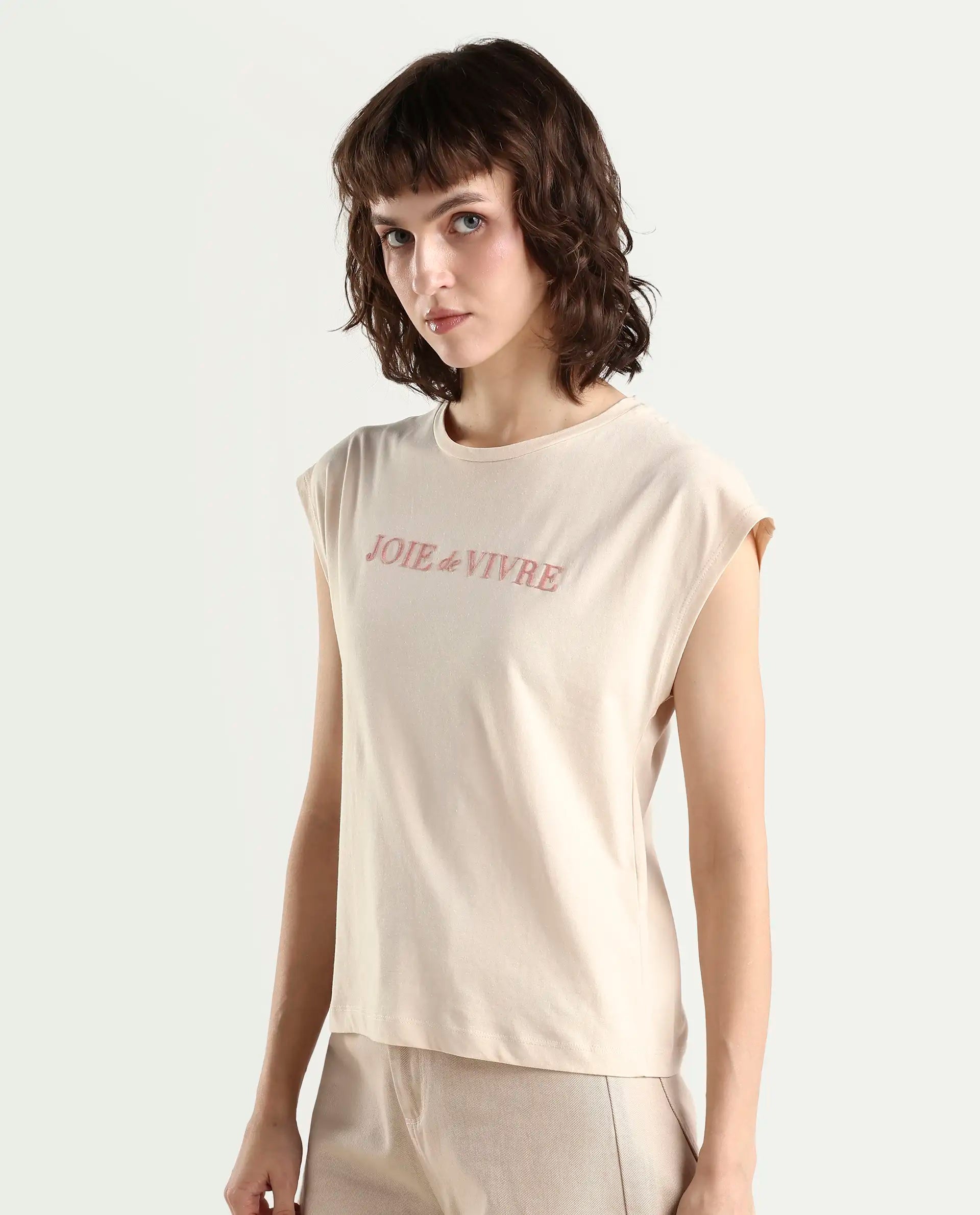 Rareism Women's Pariot Beige Cotton Crew Neck Printed Regular Fit T-Shirt