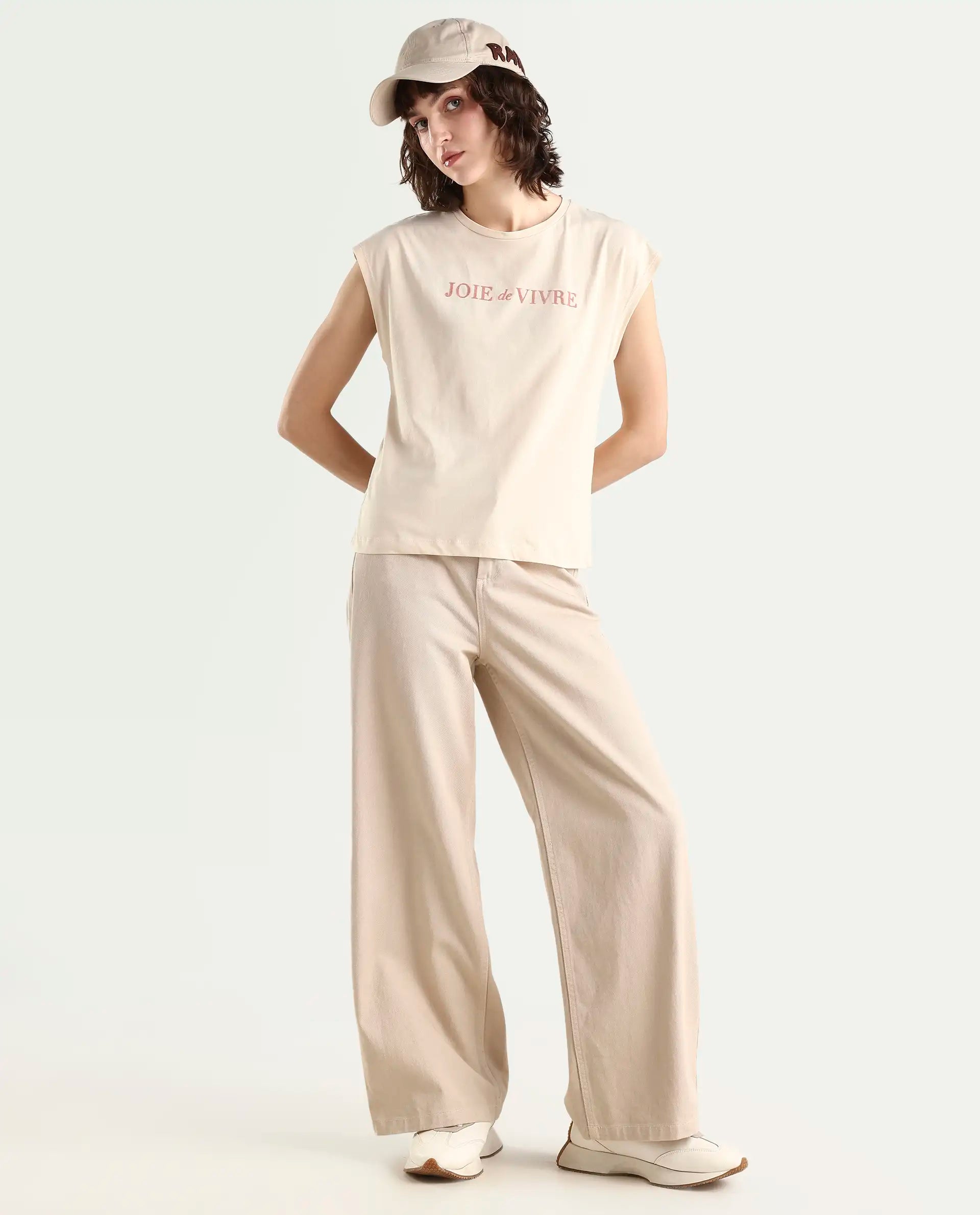 Rareism Women's Pariot Beige Cotton Crew Neck Printed Regular Fit T-Shirt