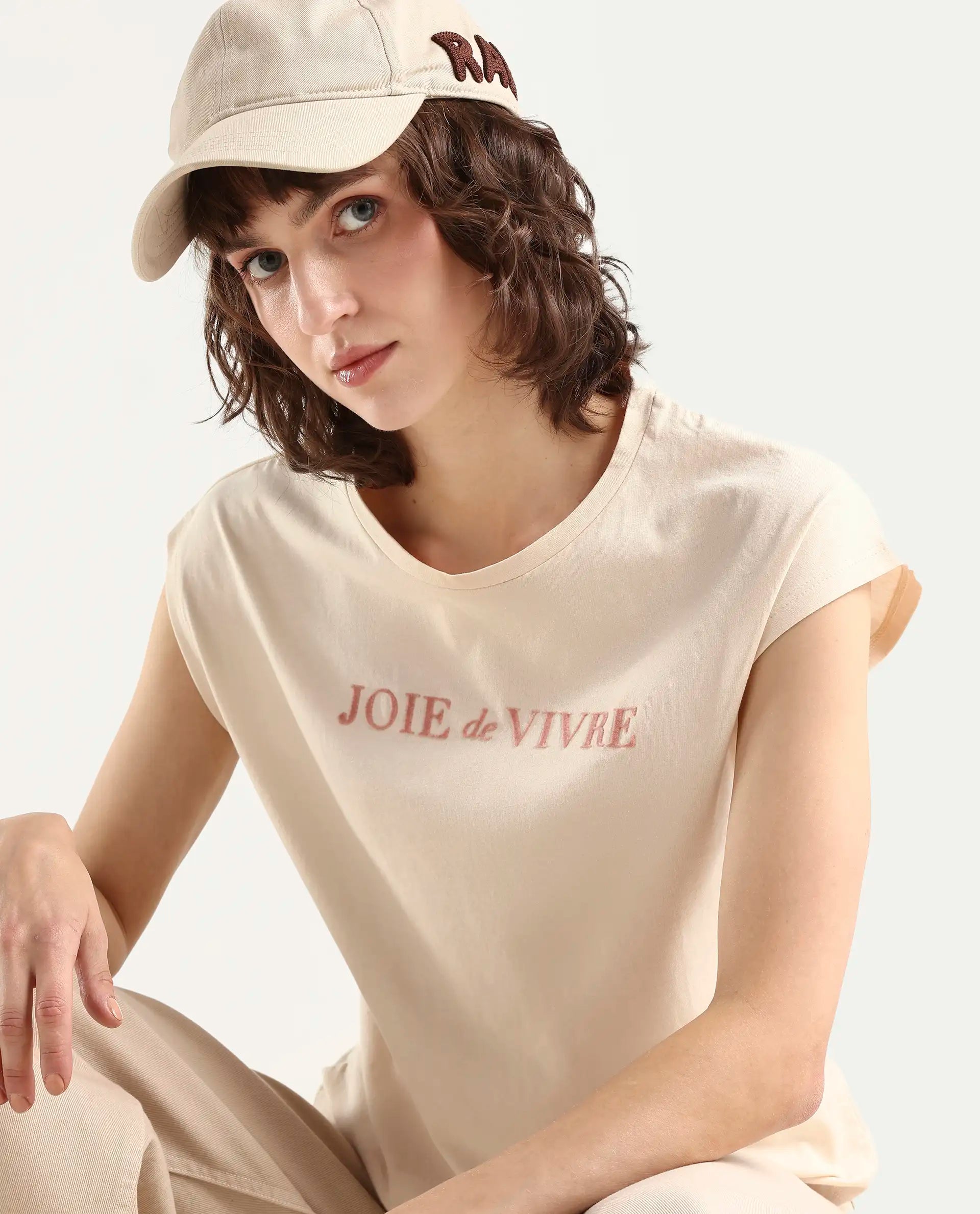 Rareism Women's Pariot Beige Cotton Crew Neck Printed Regular Fit T-Shirt