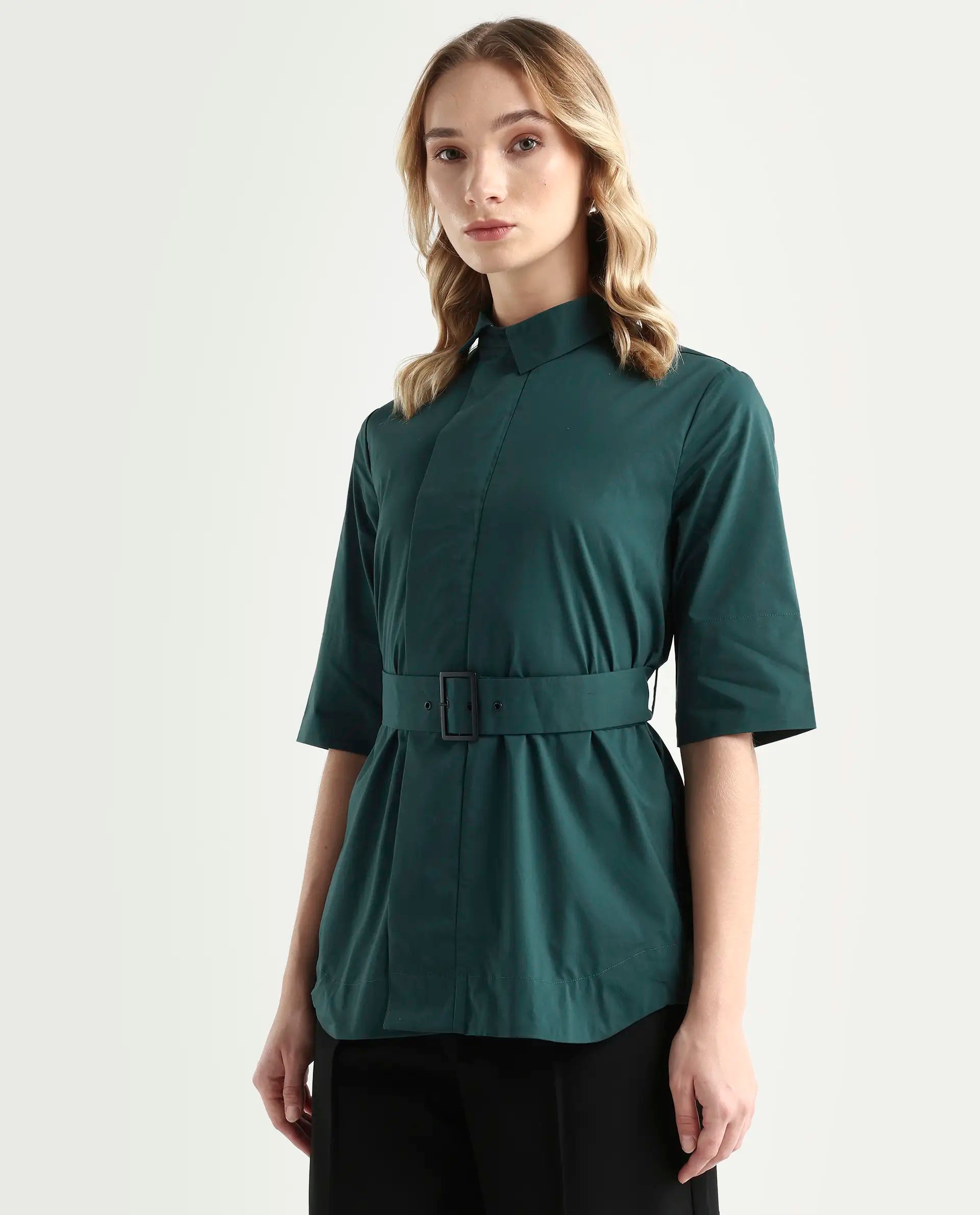 Rareism Women's Cisco-Green Cotton Blend Spread Collar Plain Knee Length Regular Fit Top