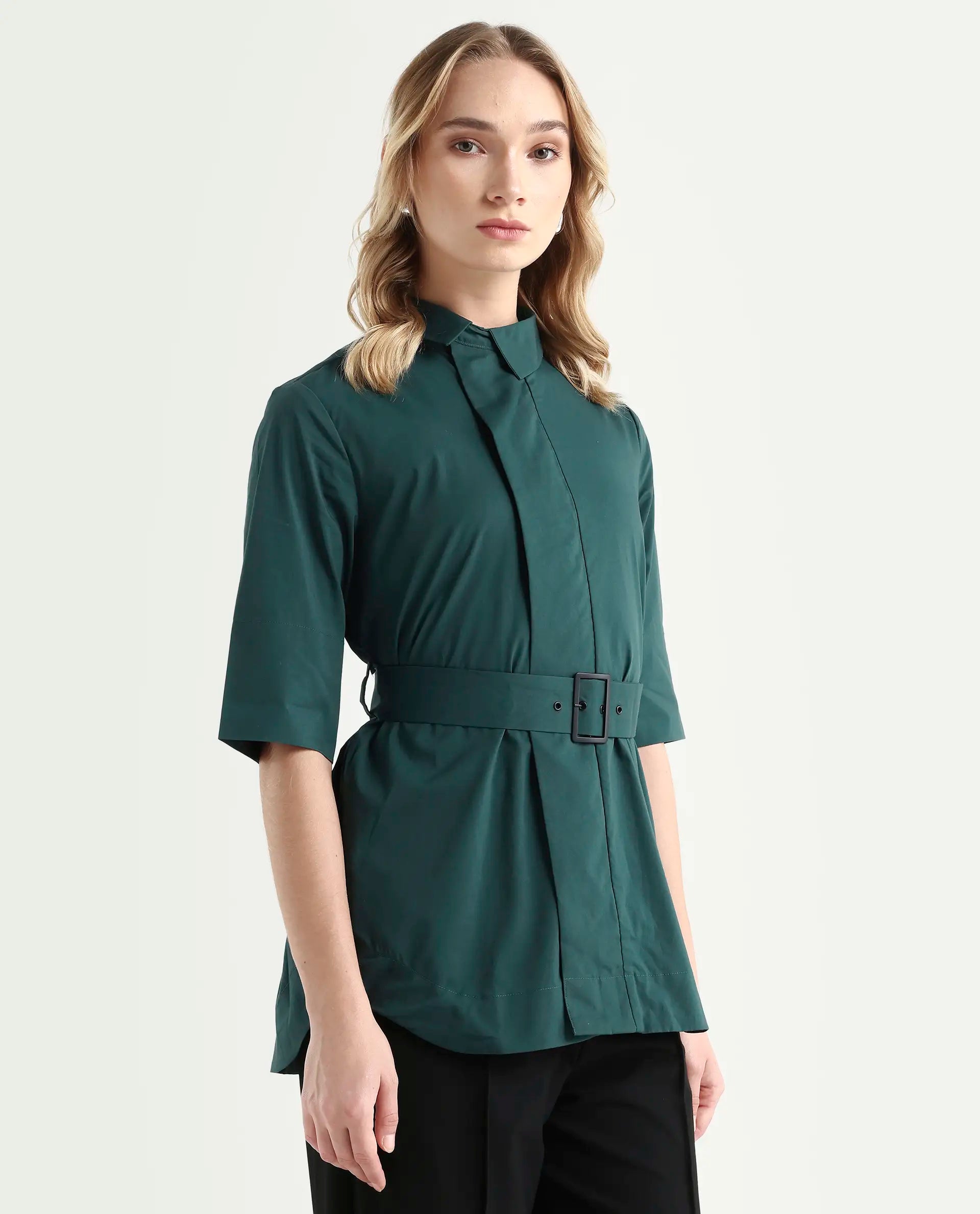 Rareism Women's Cisco-Green Cotton Blend Spread Collar Plain Knee Length Regular Fit Top