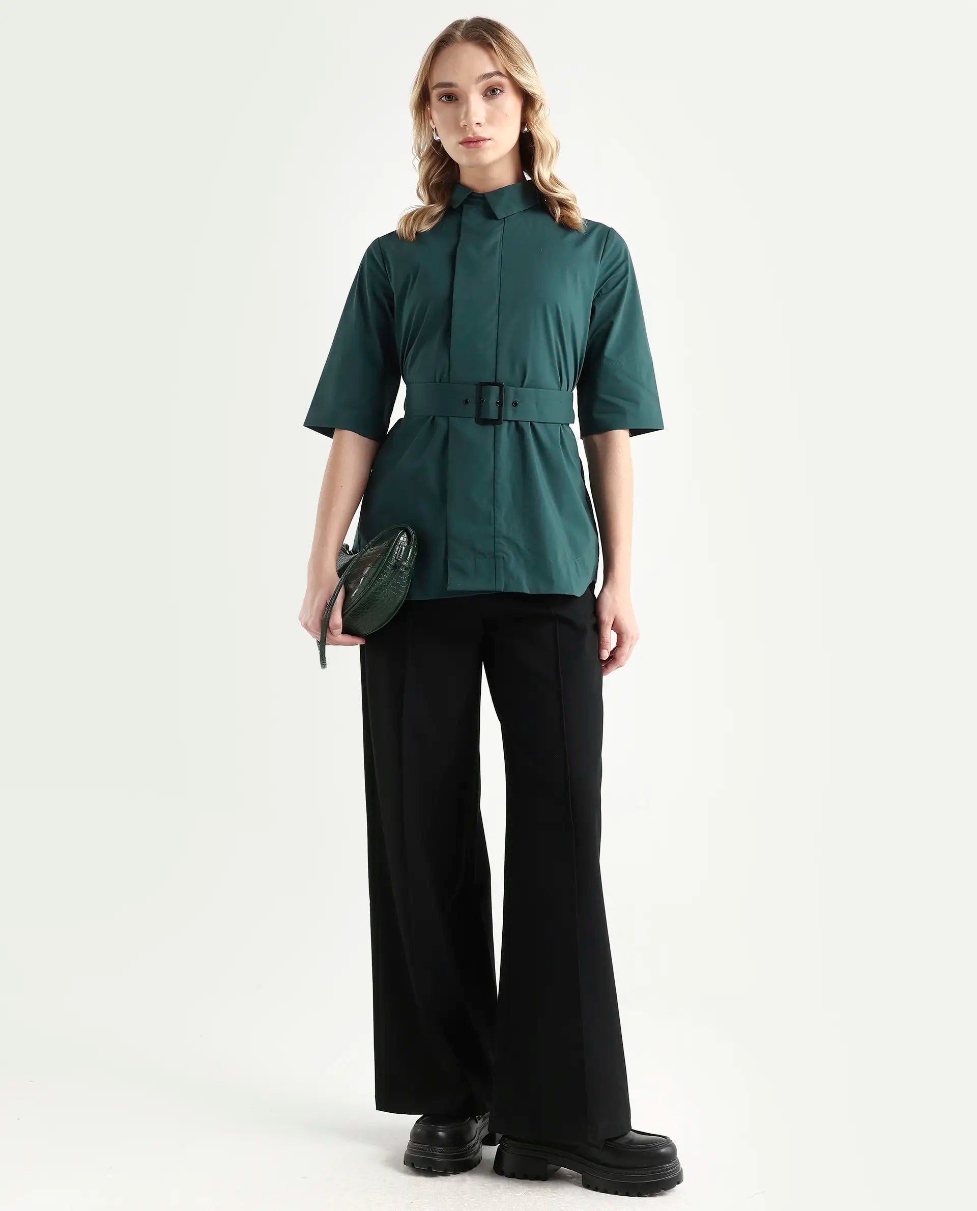 Rareism Women's Cisco-Green Cotton Blend Spread Collar Plain Knee Length Regular Fit Top