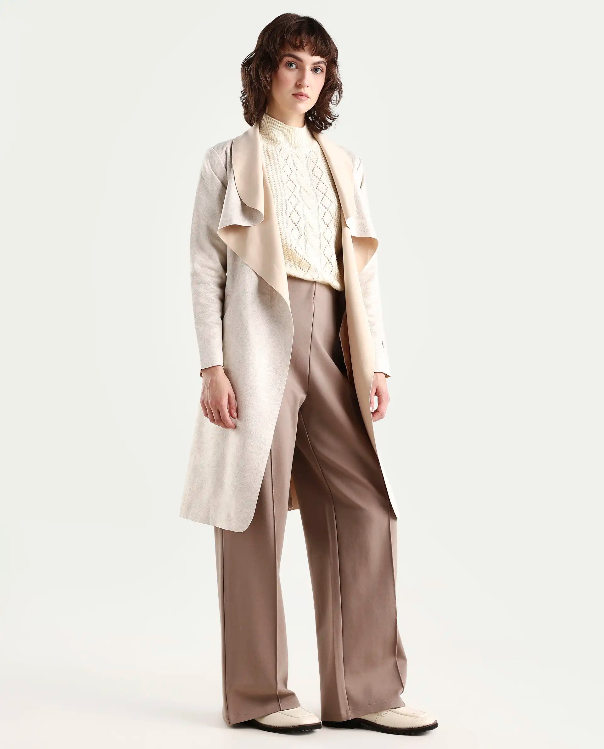 Rareism Women's Palmer Beige Polyester Collarless Plain Knee Length Relaxed Fit Jacket