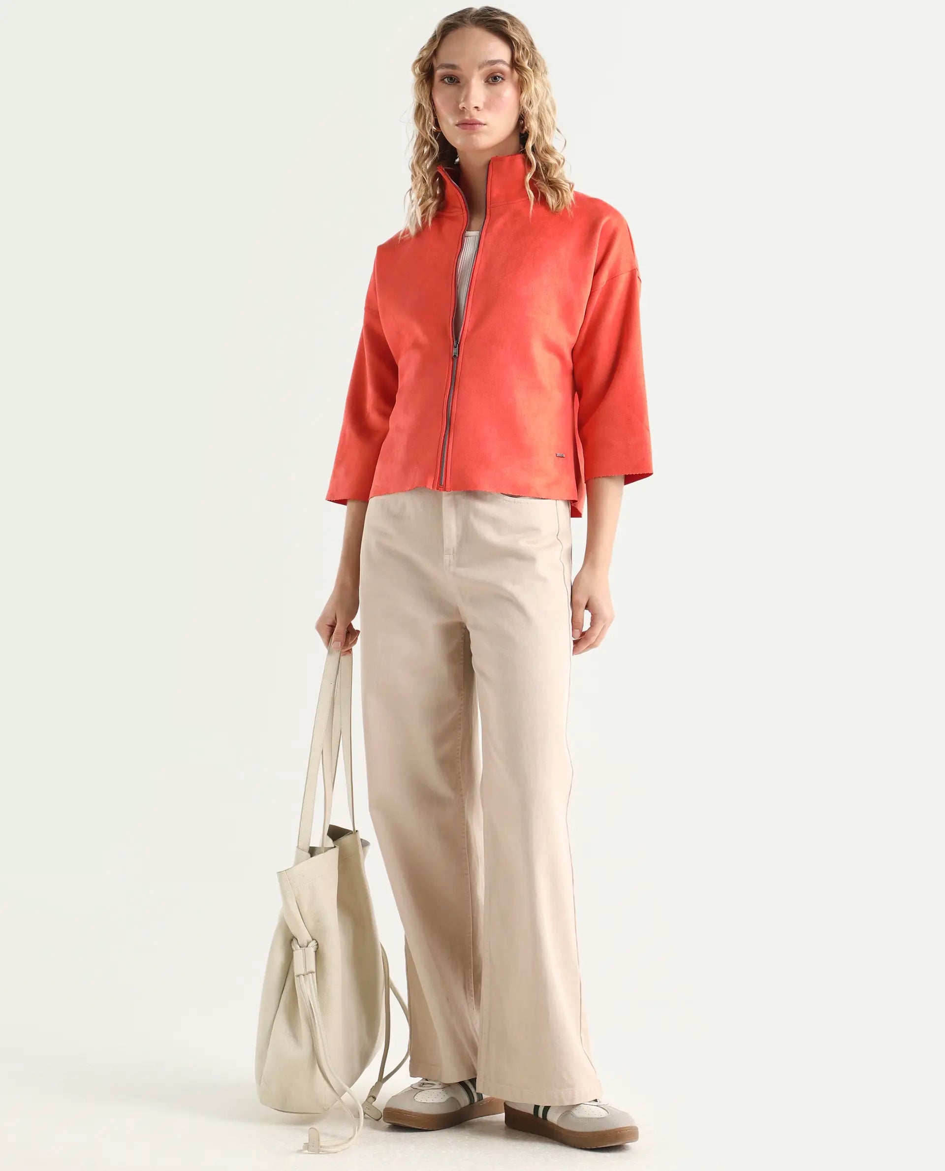 Rareism Women's Vasu Orange Polyester High Neck Plain Regular Fit Jacket