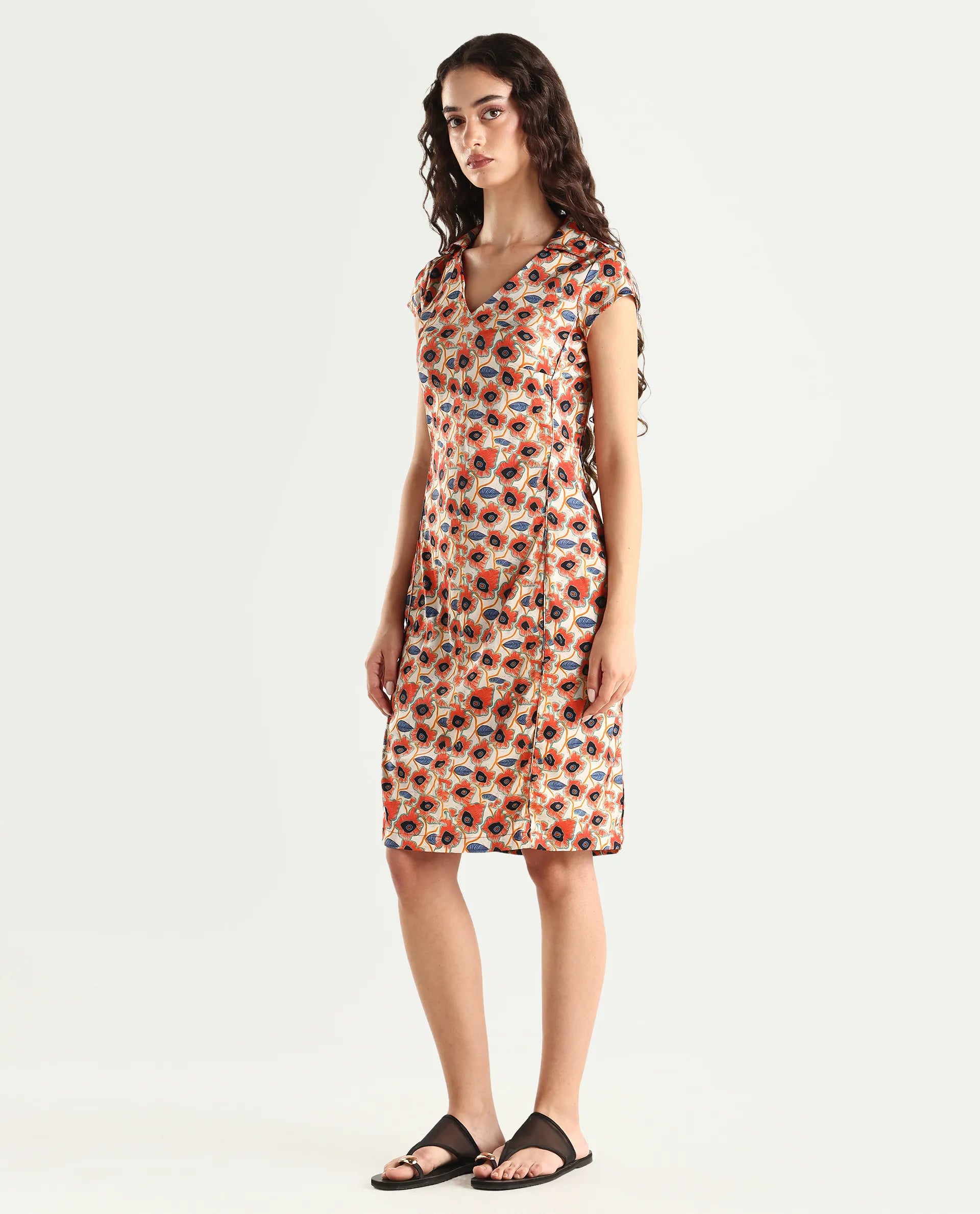 Rareism Women's Orleans Beige V-Neck Abstract Print Extended Sleeves Knee Length Regular Fit Dress