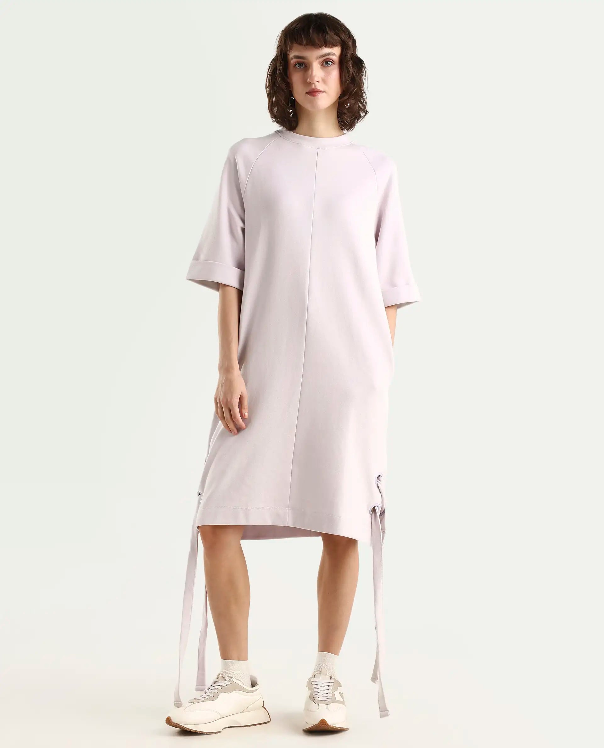 Rareism Women's Inari Purple High Neck Plain Knee Length Regular Fit Dress