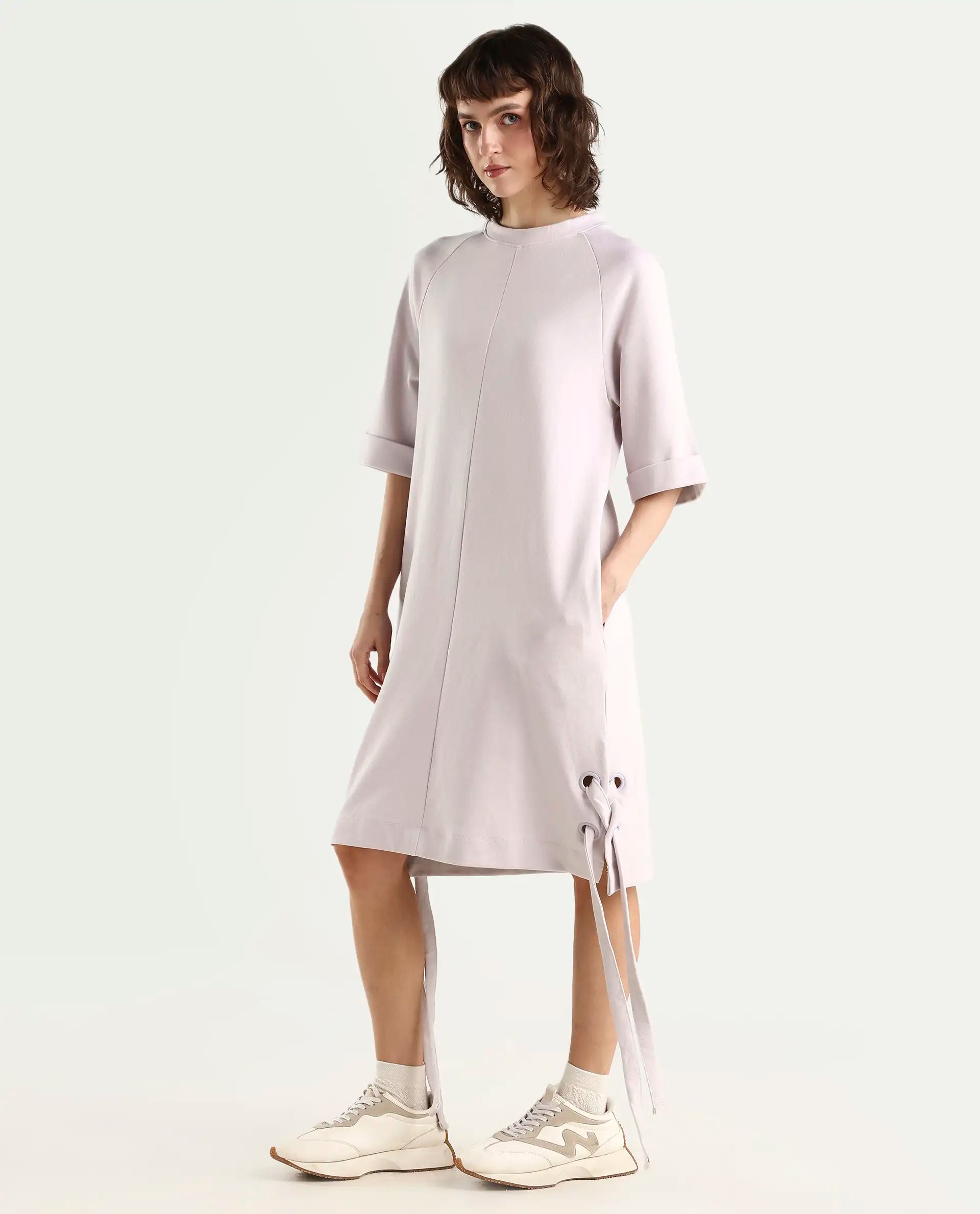 Rareism Women's Inari Purple High Neck Plain Knee Length Regular Fit Dress