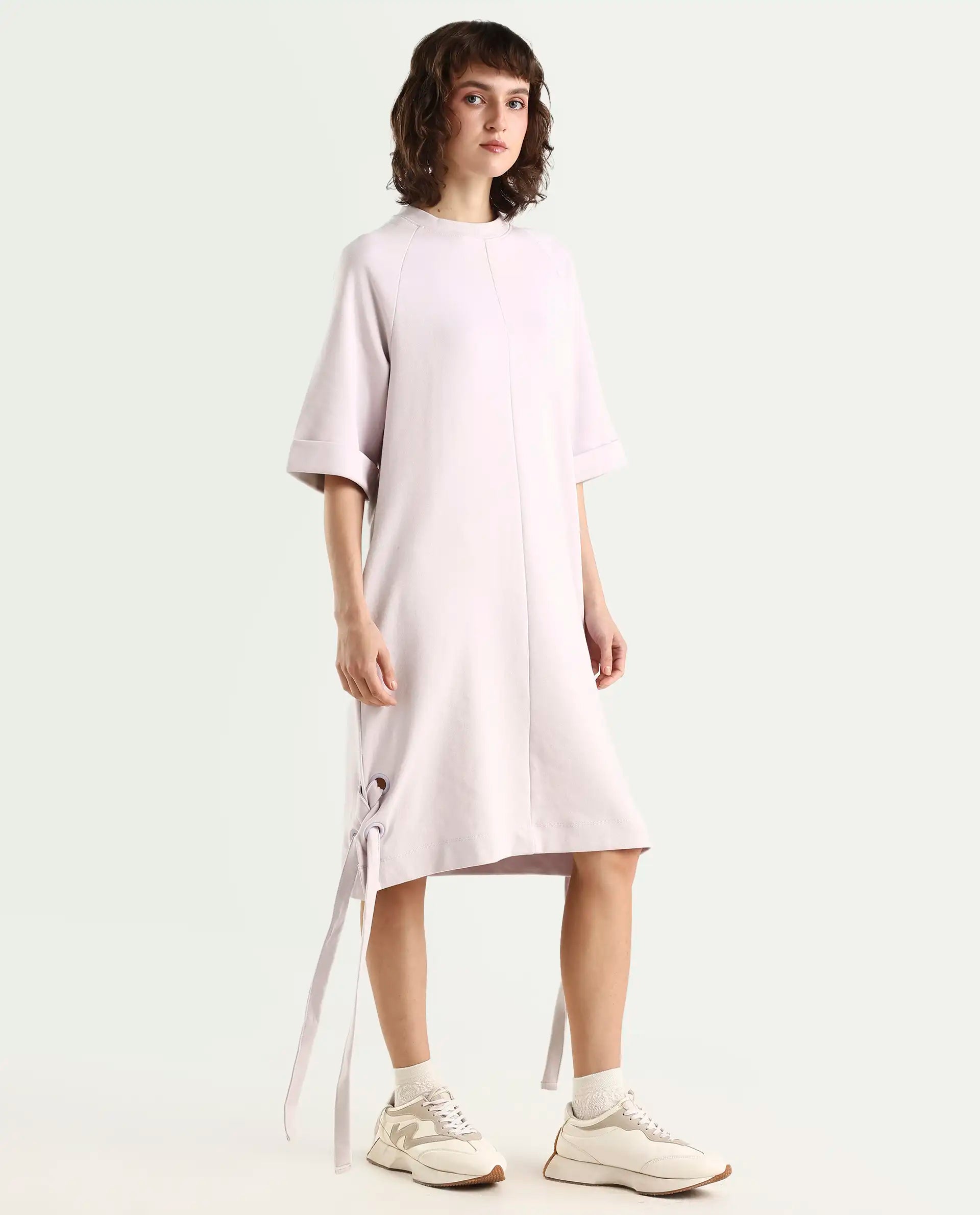 Rareism Women's Inari Purple High Neck Plain Knee Length Regular Fit Dress