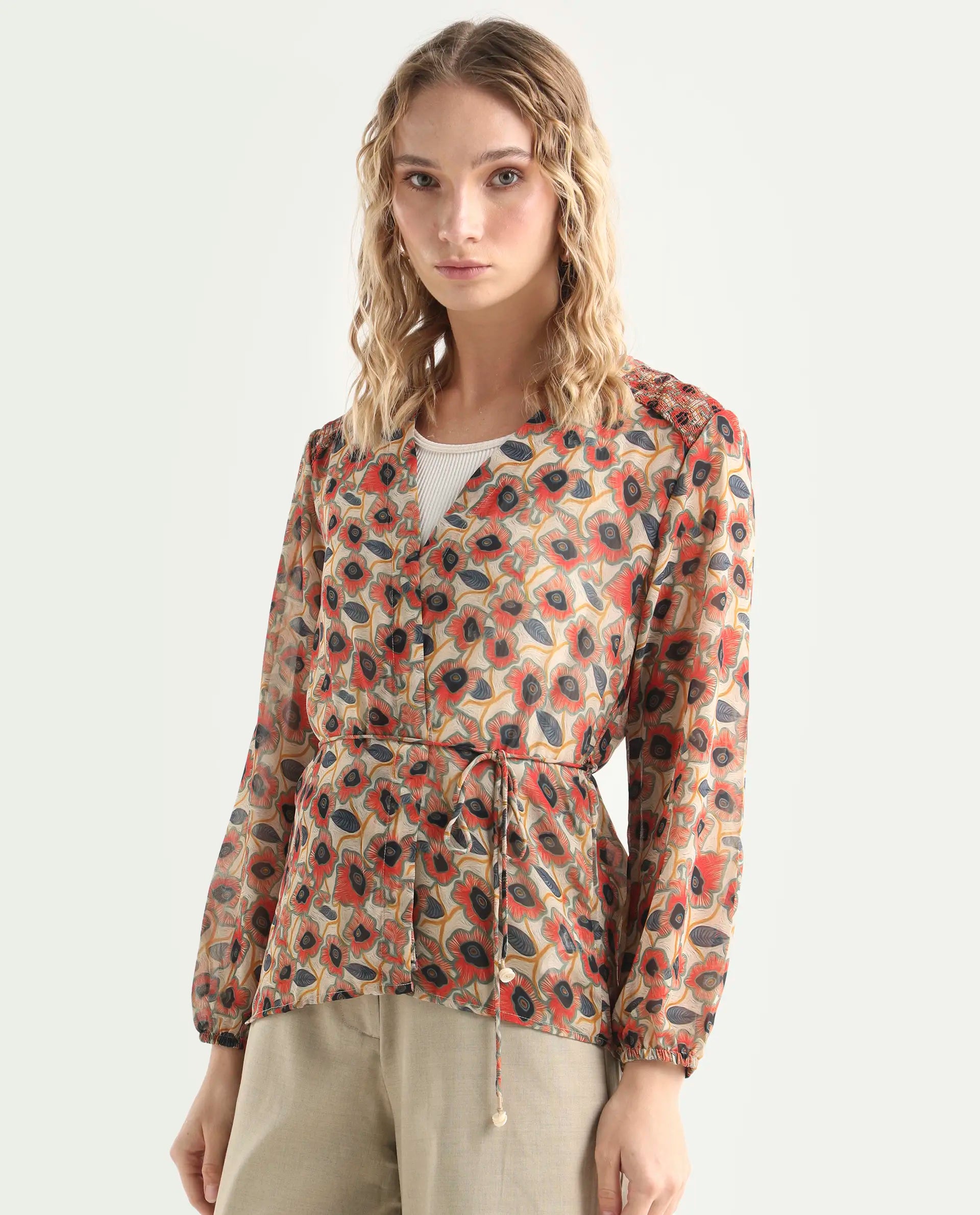 Rareism Women's Posey Multi Polyester V-Neck Floral Print Regular Fit Shrug