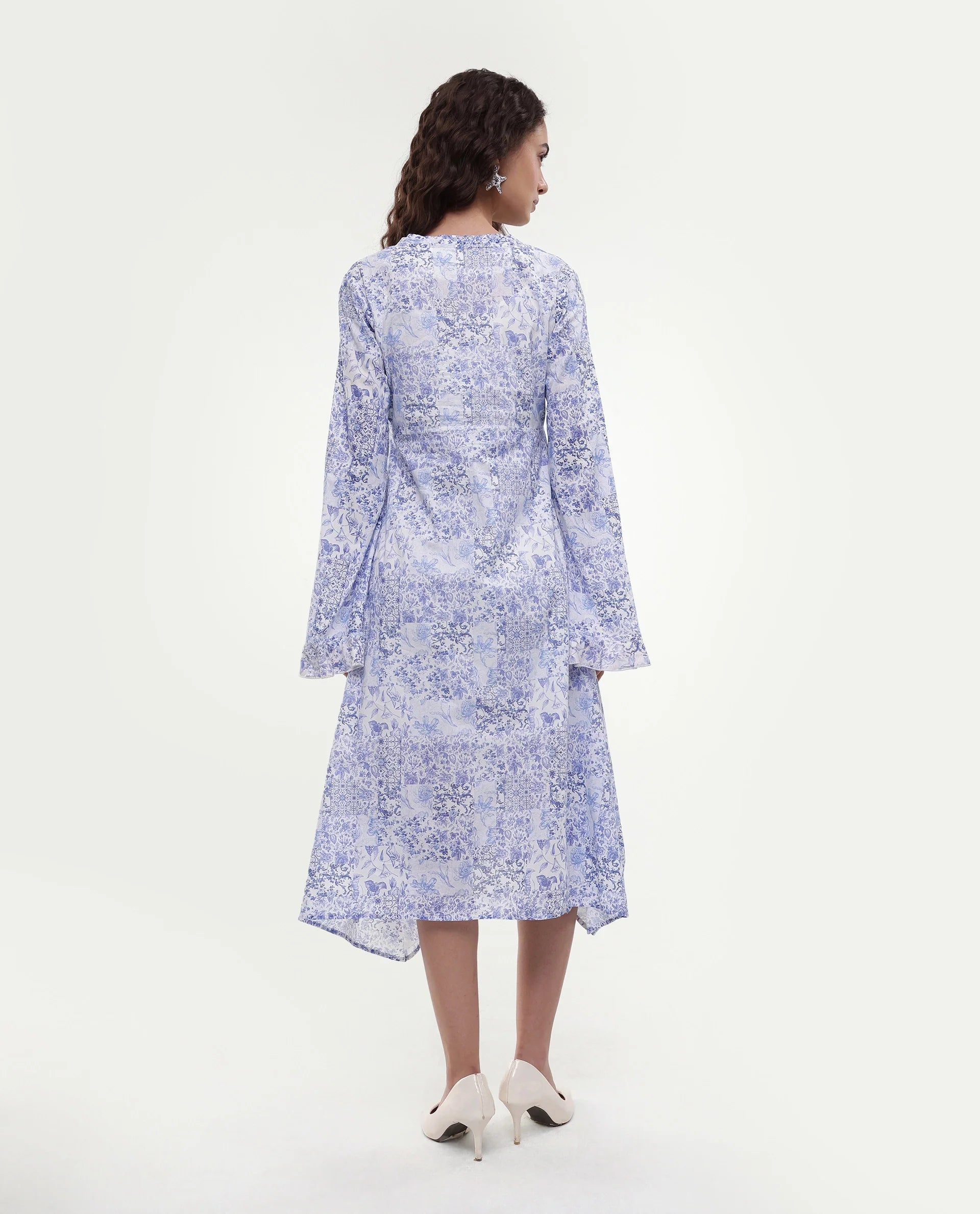 Rareism Women's Cherish Blue Cotton V-Neck Floral Print Knee Length Regular Fit Dress