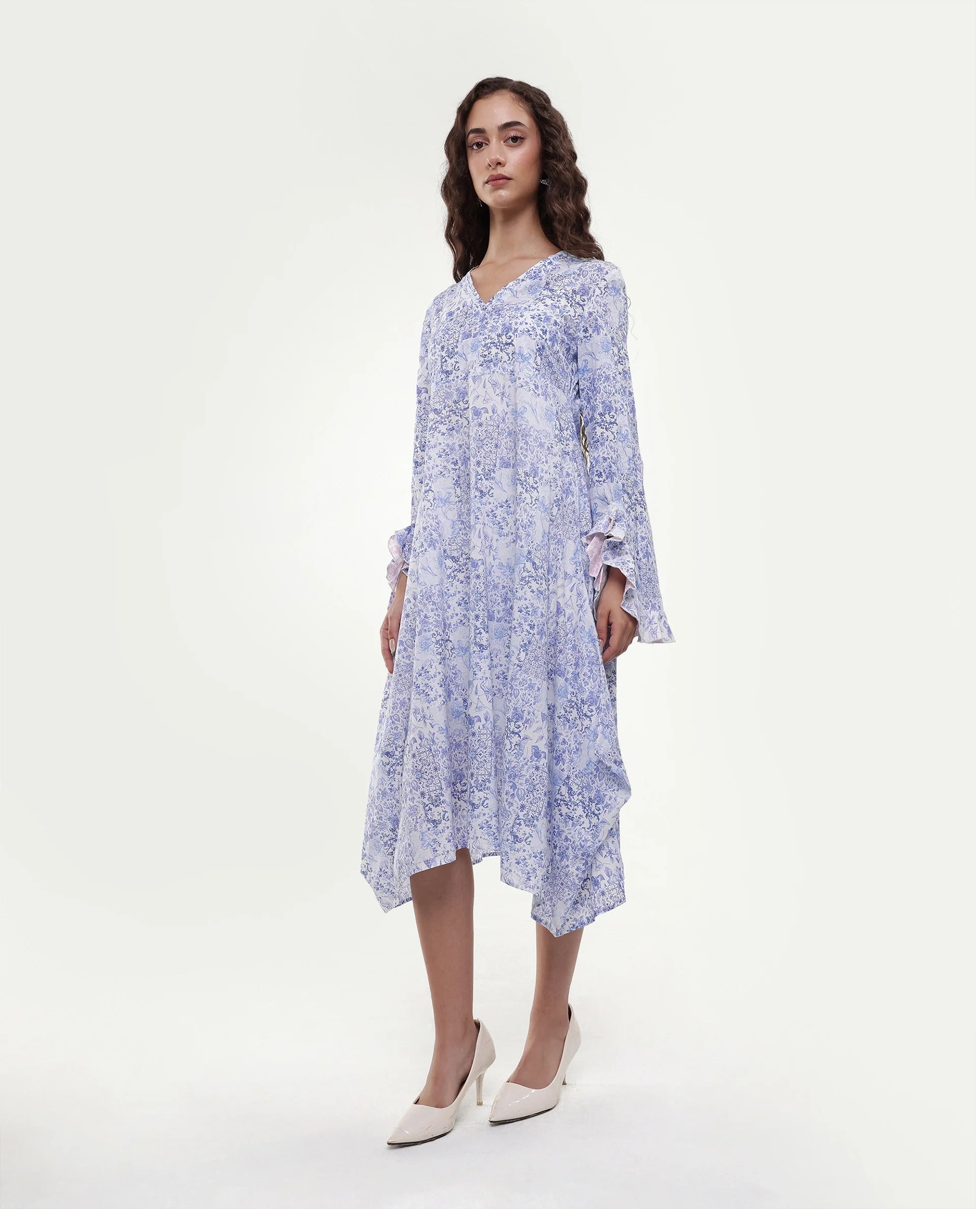 Rareism Women's Cherish Blue Cotton V-Neck Floral Print Knee Length Regular Fit Dress