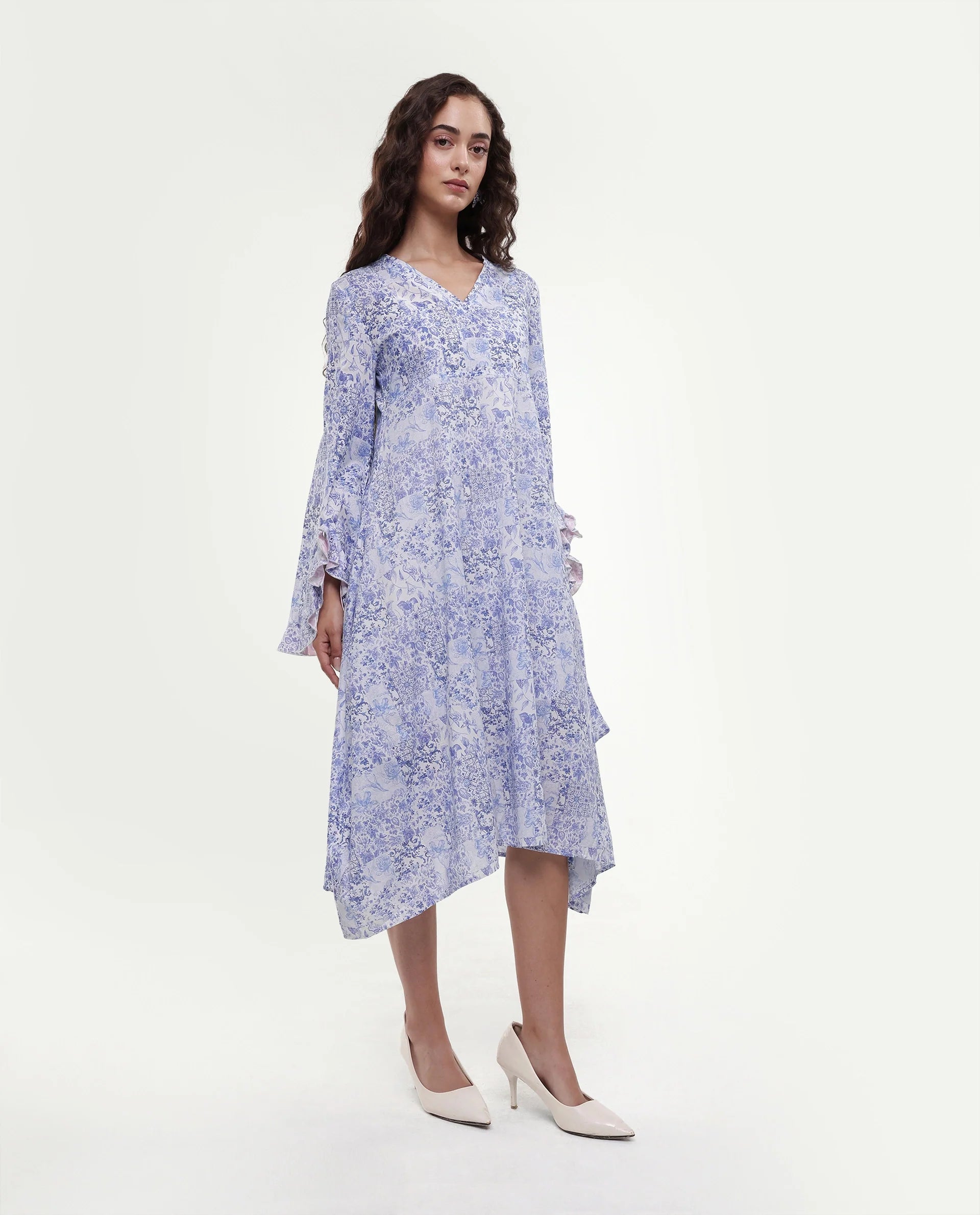 Rareism Women's Cherish Blue Cotton V-Neck Floral Print Knee Length Regular Fit Dress