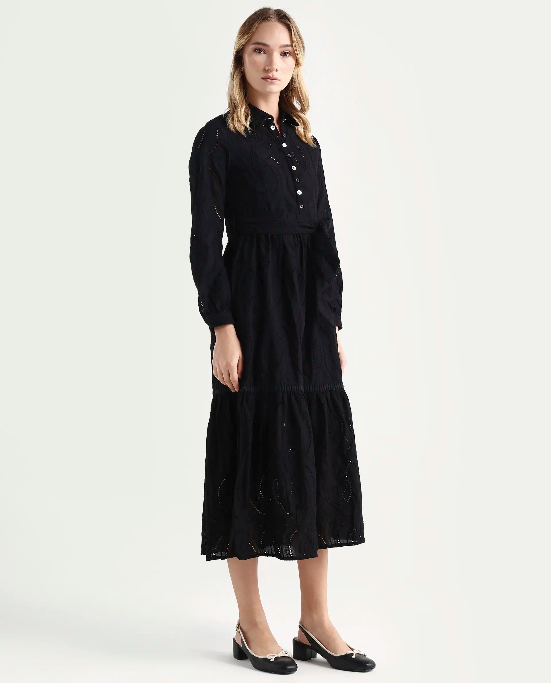 Rareism Women's Darcy Black Cotton Spread Collar Schiffli Knee Length Slim Fit Dress