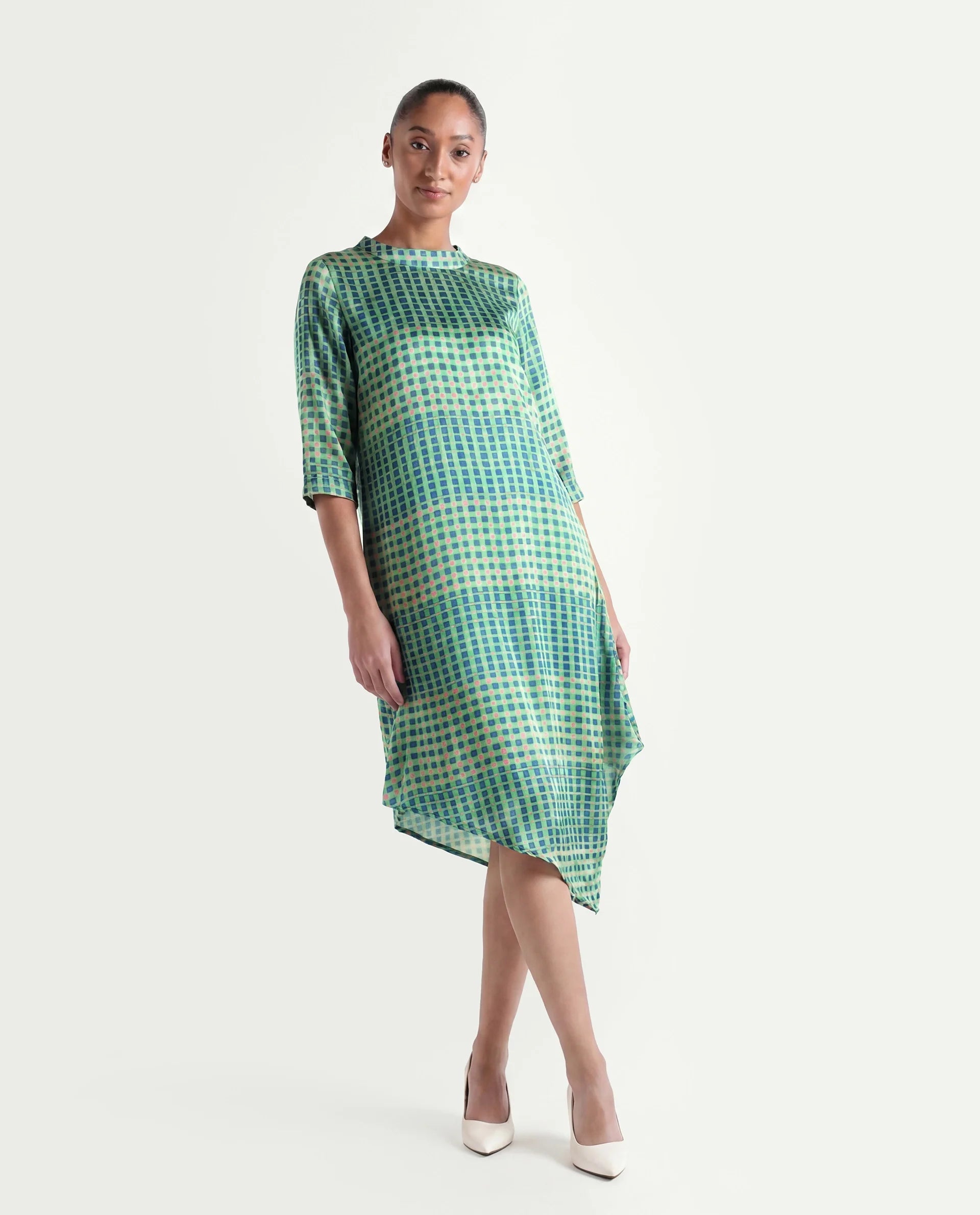 Rareism Women's Gleam Green Polyester High Neck Geometric Print Knee Length Regular Fit Dress