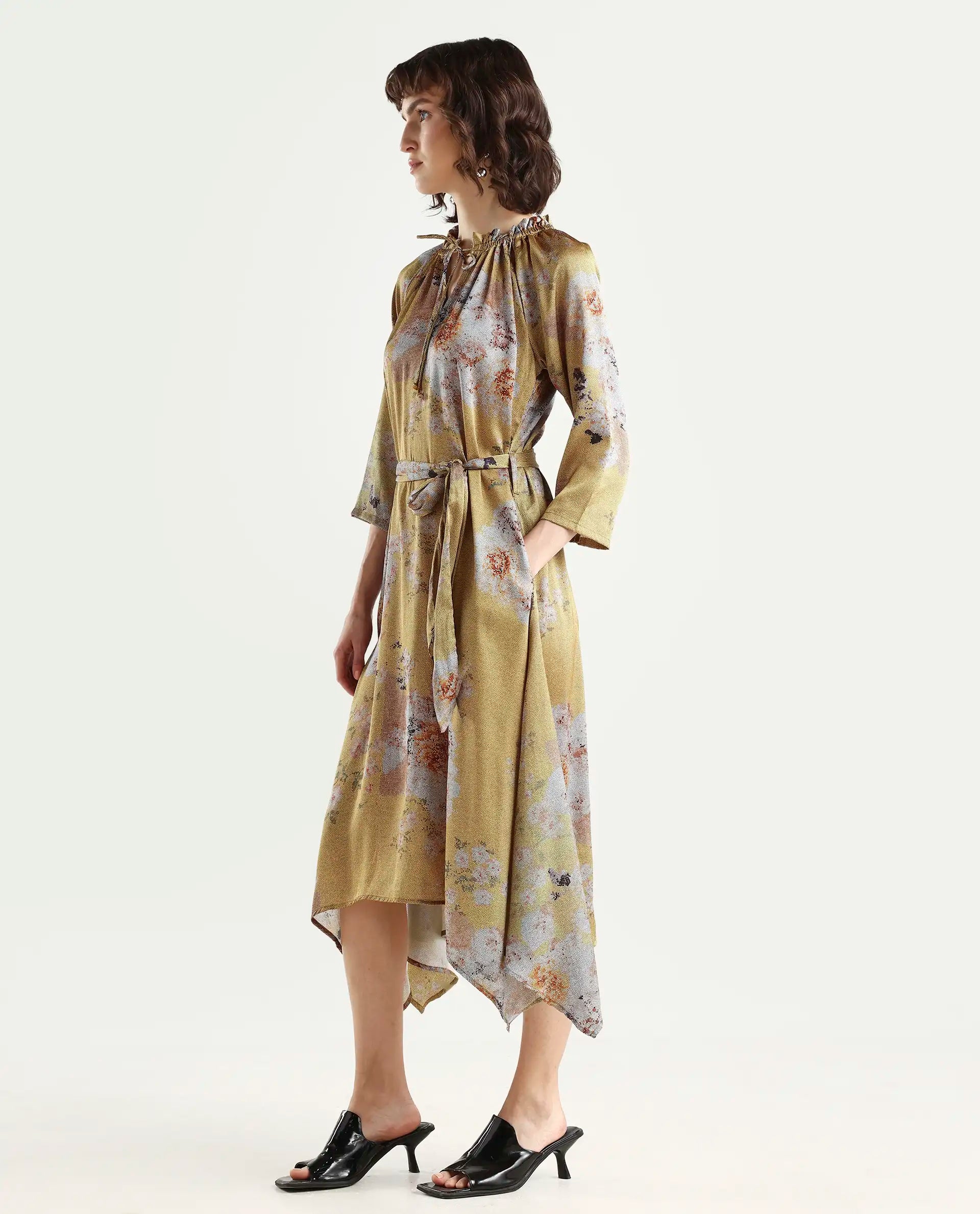 Rareism Women's Journee Yellow Polyester Sweetheart Neck Floral Print Midi Regular Fit Dress