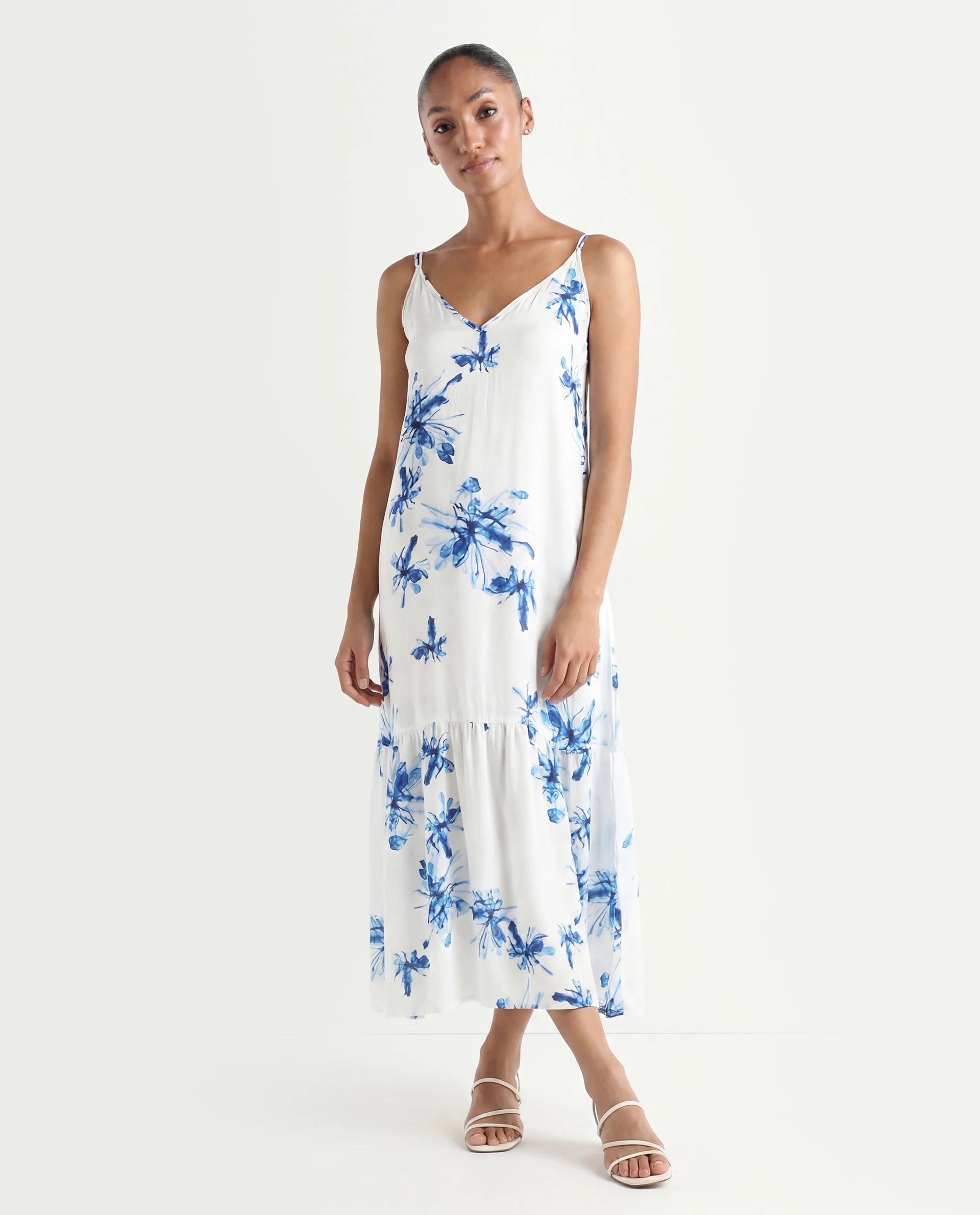 Rareism Women's Lola White Polyester Shoulder Strap Abstract Print Shoulder Strap Midi Regular Fit Dress