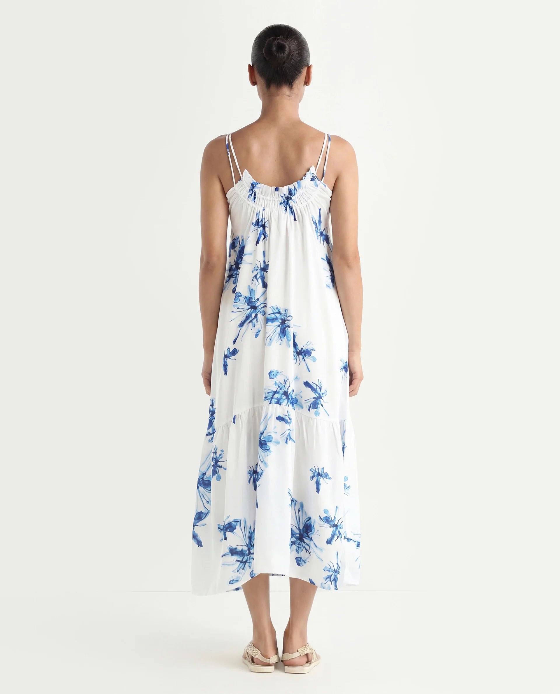 Rareism Women's Lola White Polyester Shoulder Strap Abstract Print Shoulder Strap Midi Regular Fit Dress