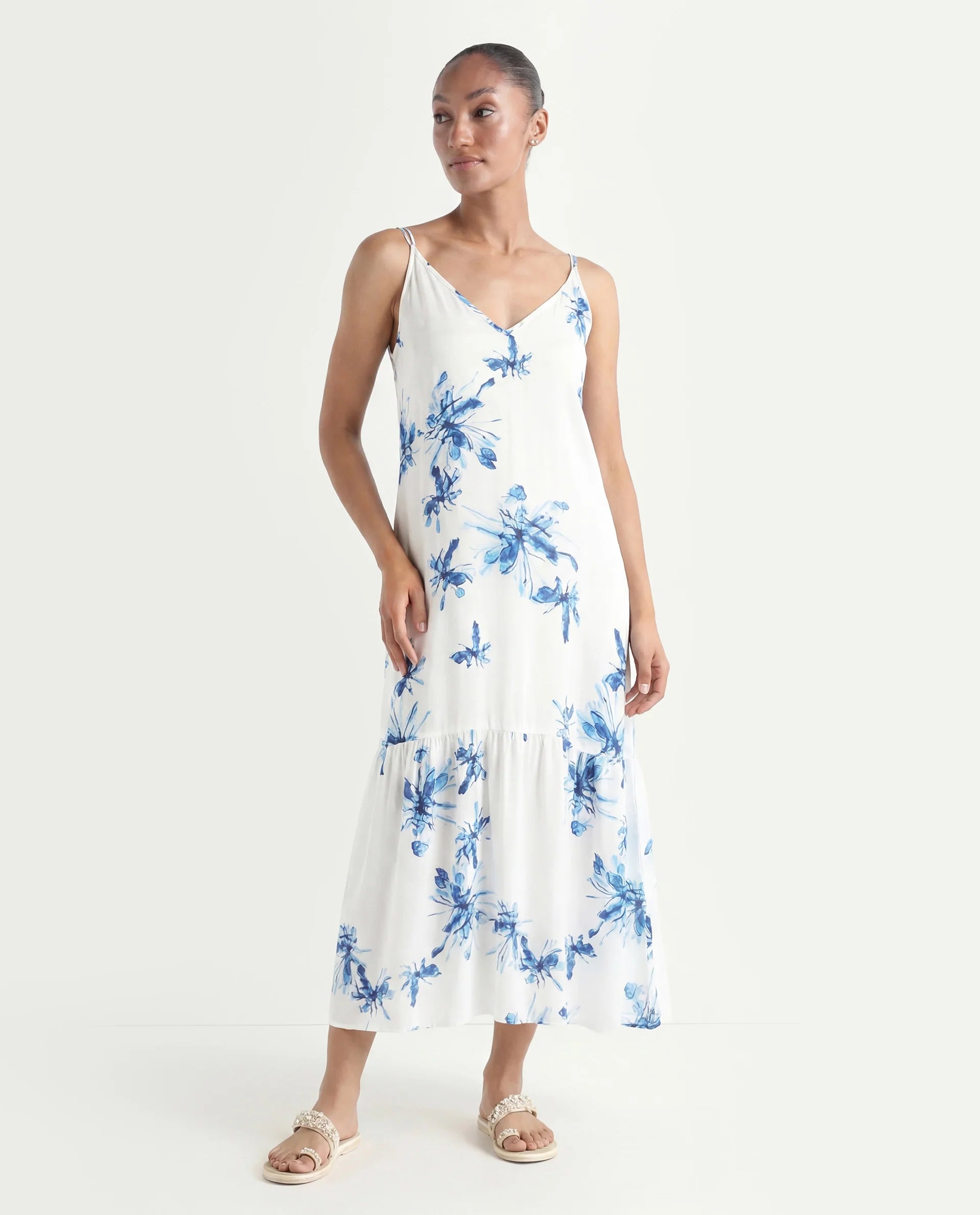 Rareism Women's Lola White Polyester Shoulder Strap Abstract Print Shoulder Strap Midi Regular Fit Dress