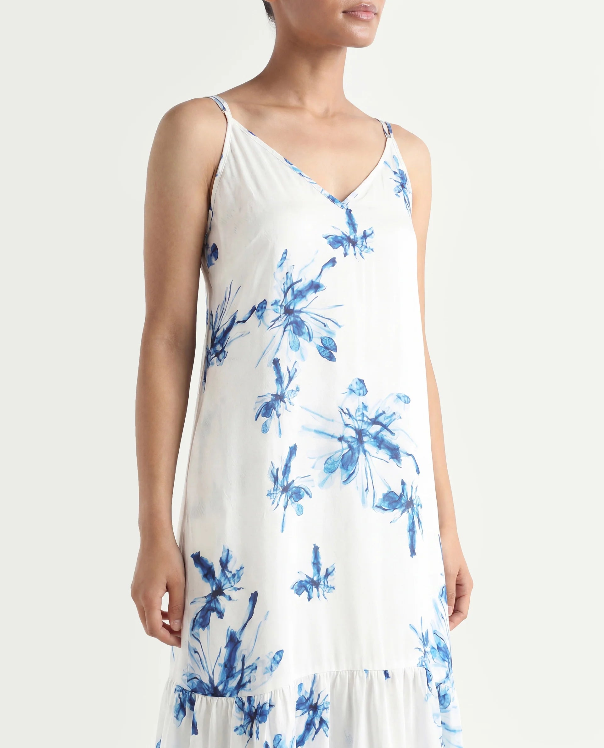 Rareism Women's Lola White Polyester Shoulder Strap Abstract Print Shoulder Strap Midi Regular Fit Dress