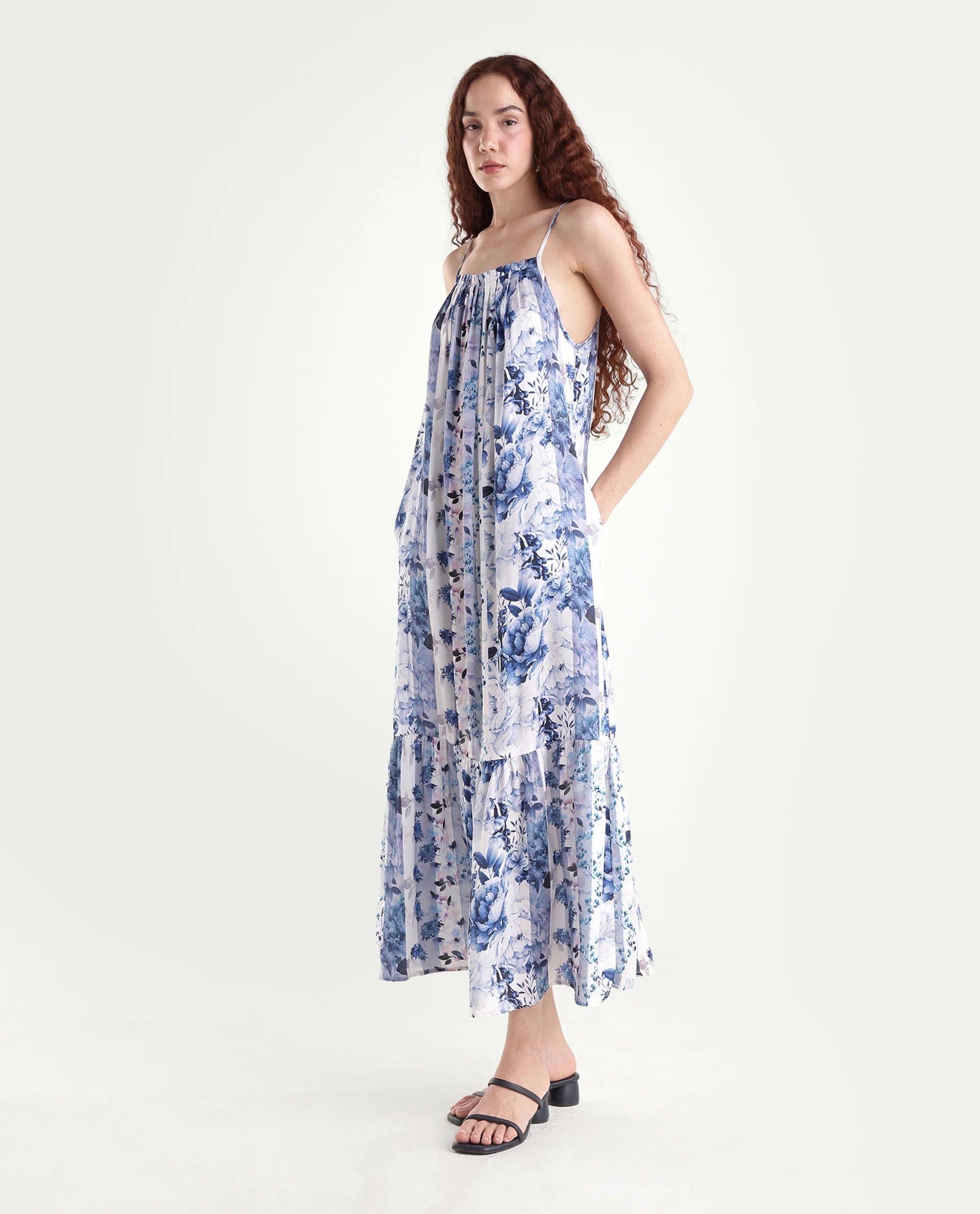 Rareism Women's Macy Blue Polyester Shoulder Strap Floral Print Shoulder Strap Maxi Regular Fit Dress