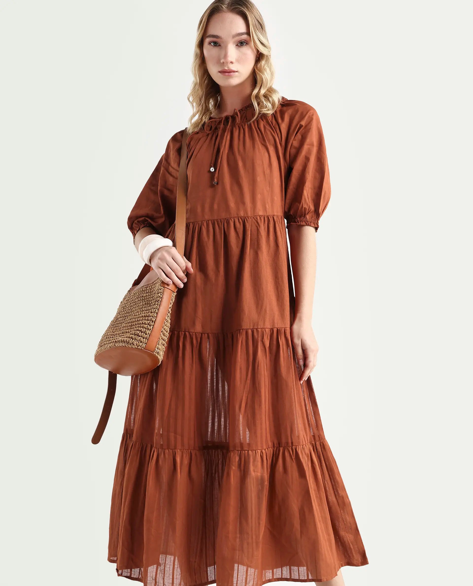 Rareism Women's Myle Brown Cotton Tie-Up Neck Plain Puff Sleeves Knee Length Regular Fit Dress