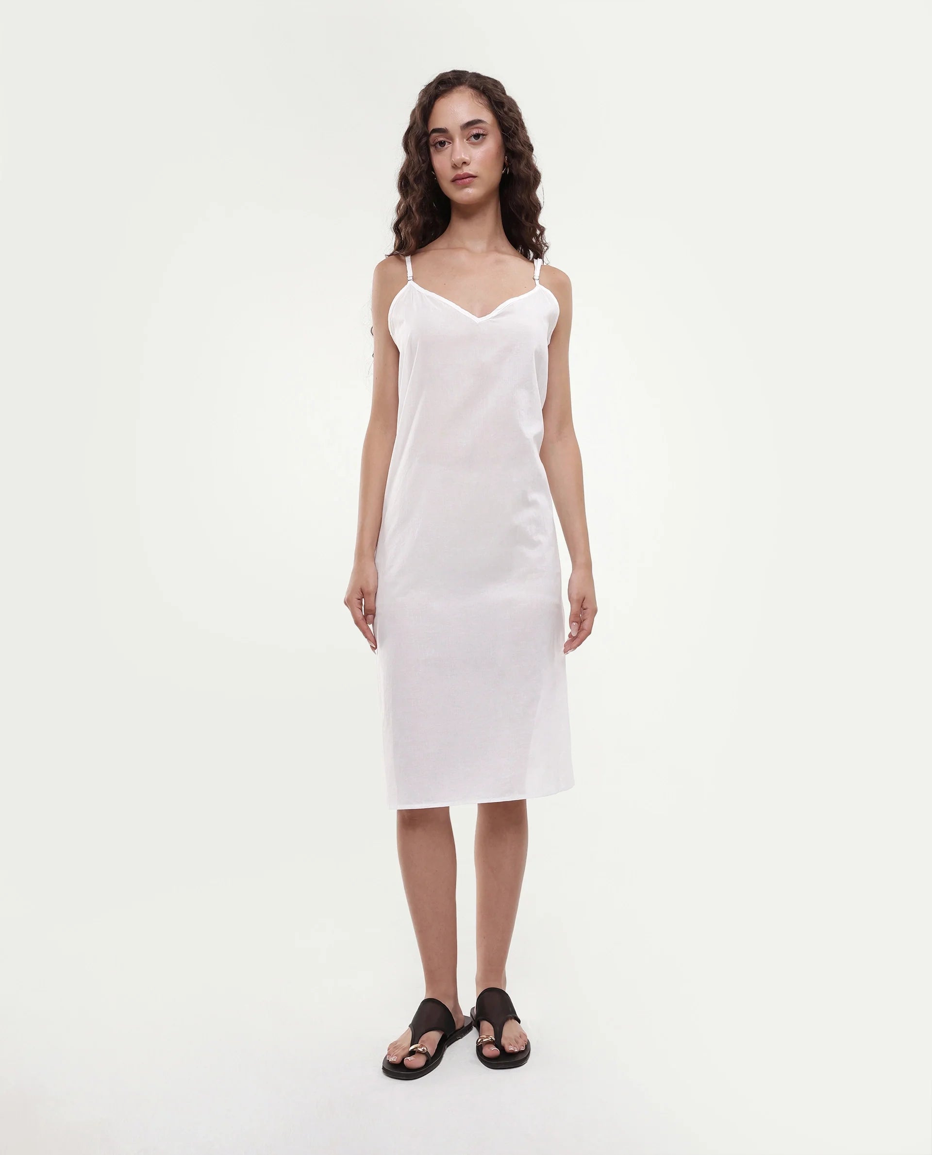 Rareism Women's Myle White Cotton Tie-Up Neck Plain Puff Sleeves Knee Length Regular Fit Dress