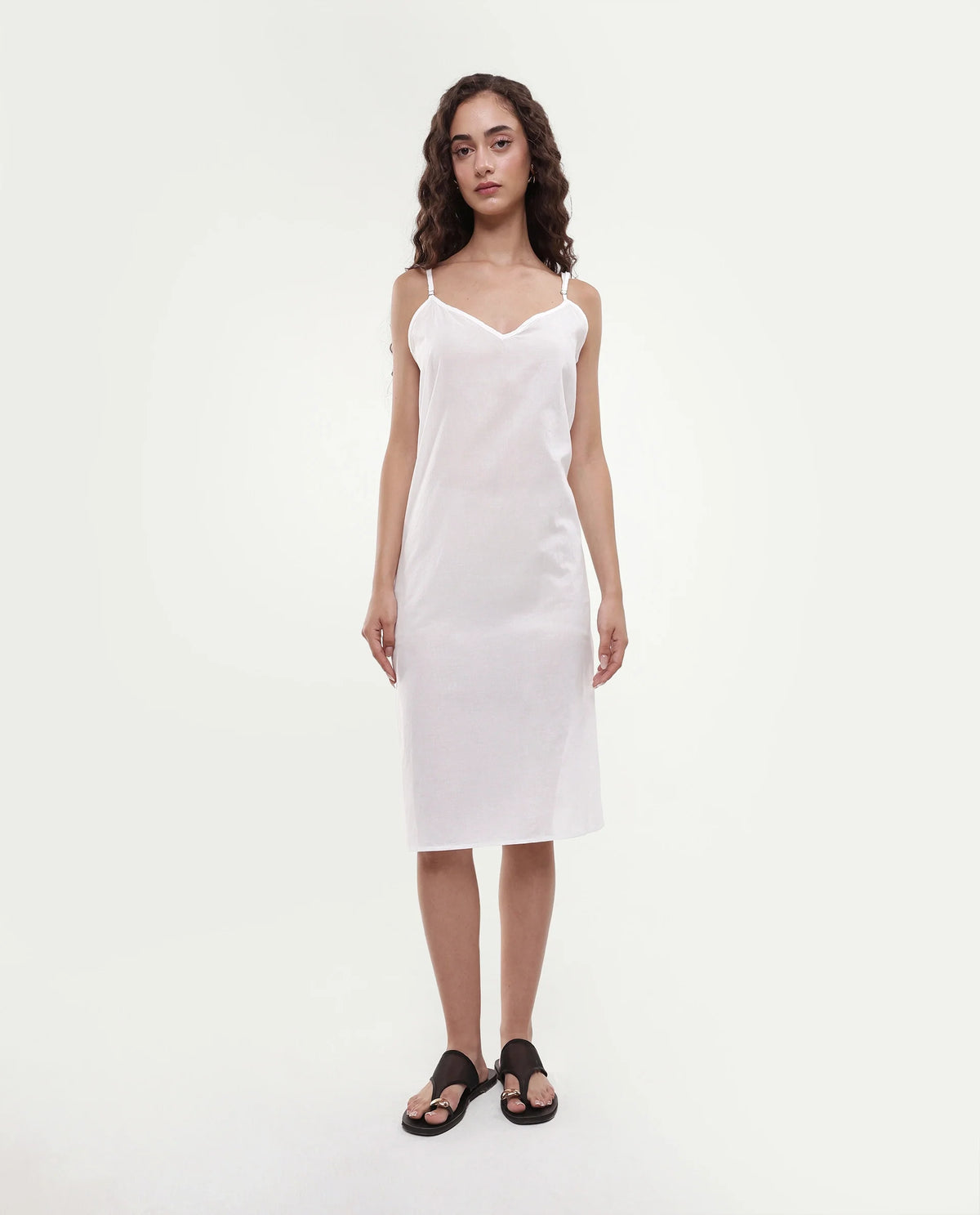 Rareism Women's Myle White Cotton Tie-Up Neck Plain Puff Sleeves Knee Length Regular Fit Dress