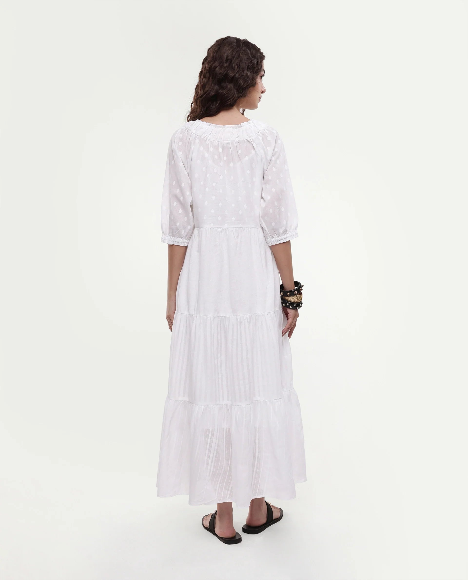 Rareism Women's Myle White Cotton Tie-Up Neck Plain Puff Sleeves Knee Length Regular Fit Dress