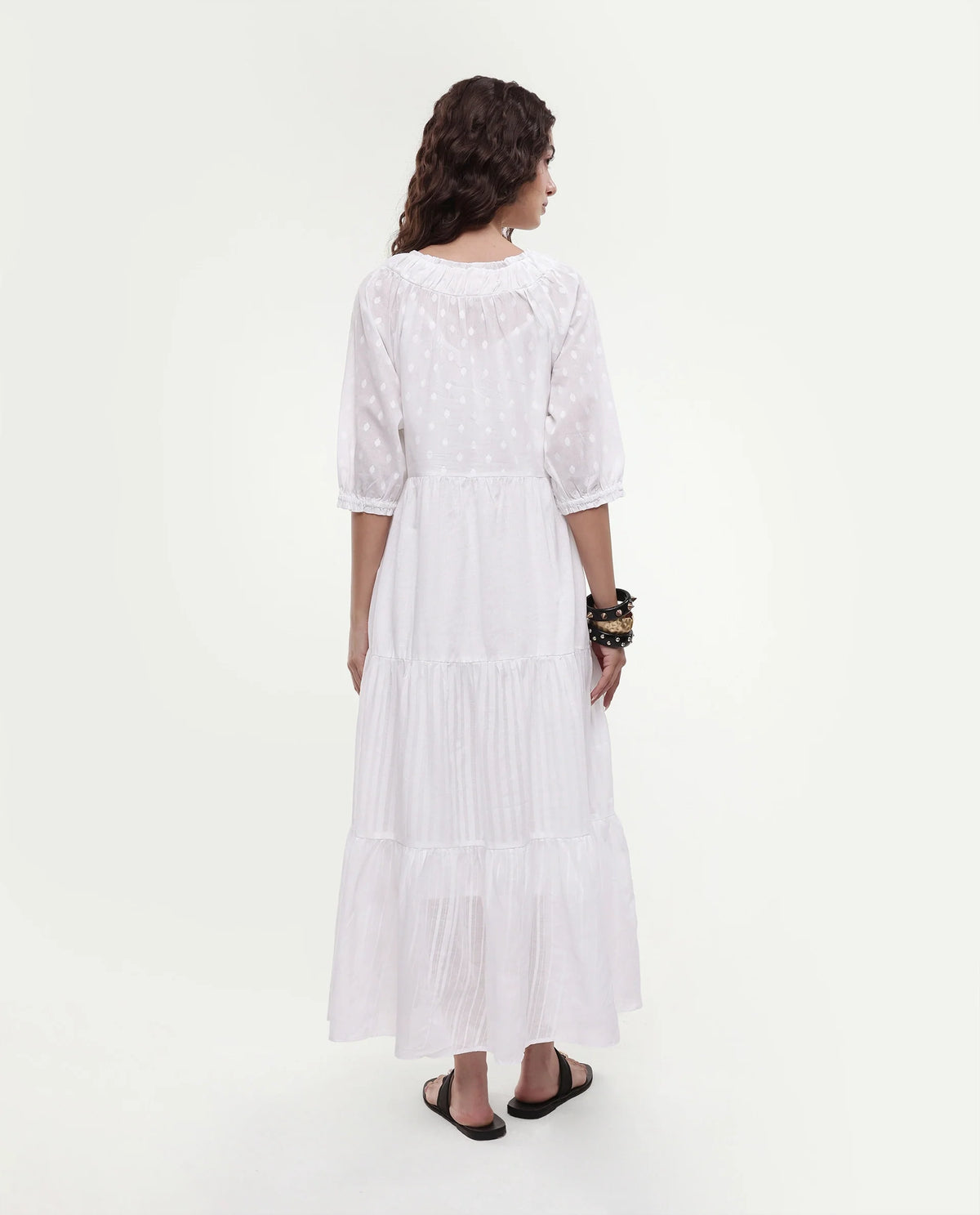 Rareism Women's Myle White Cotton Tie-Up Neck Plain Puff Sleeves Knee Length Regular Fit Dress