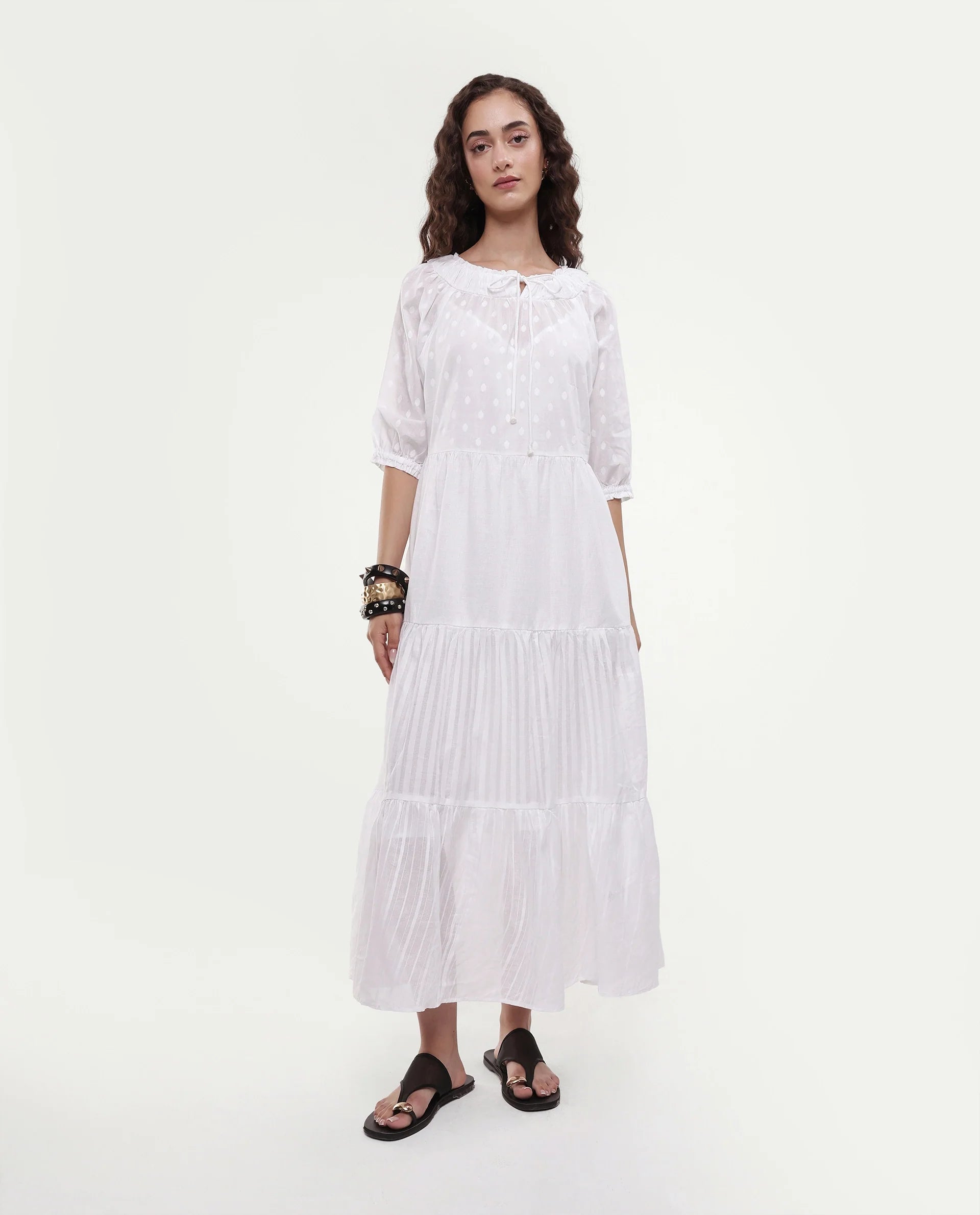 Rareism Women's Myle White Cotton Tie-Up Neck Plain Puff Sleeves Knee Length Regular Fit Dress