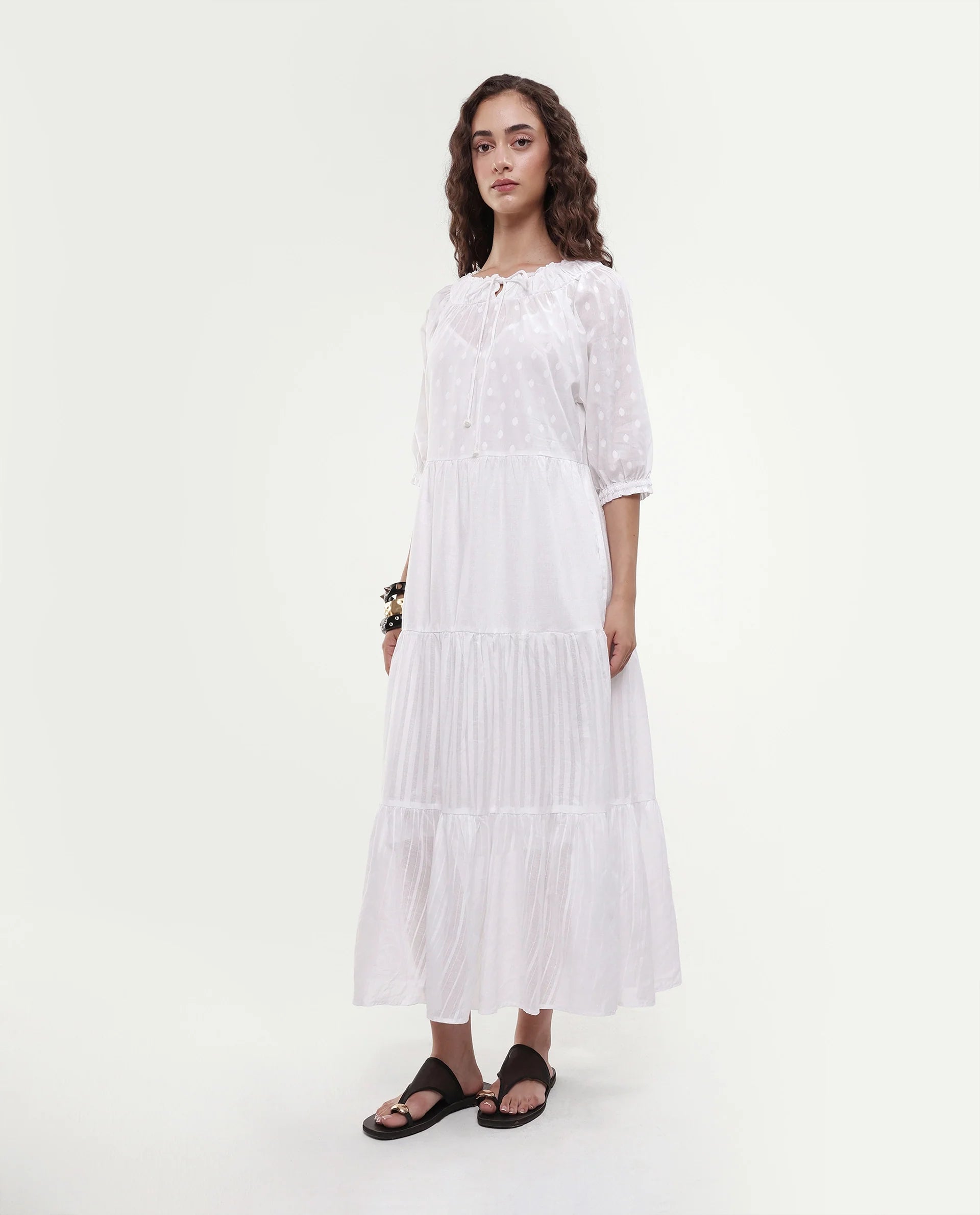Rareism Women's Myle White Cotton Tie-Up Neck Plain Puff Sleeves Knee Length Regular Fit Dress