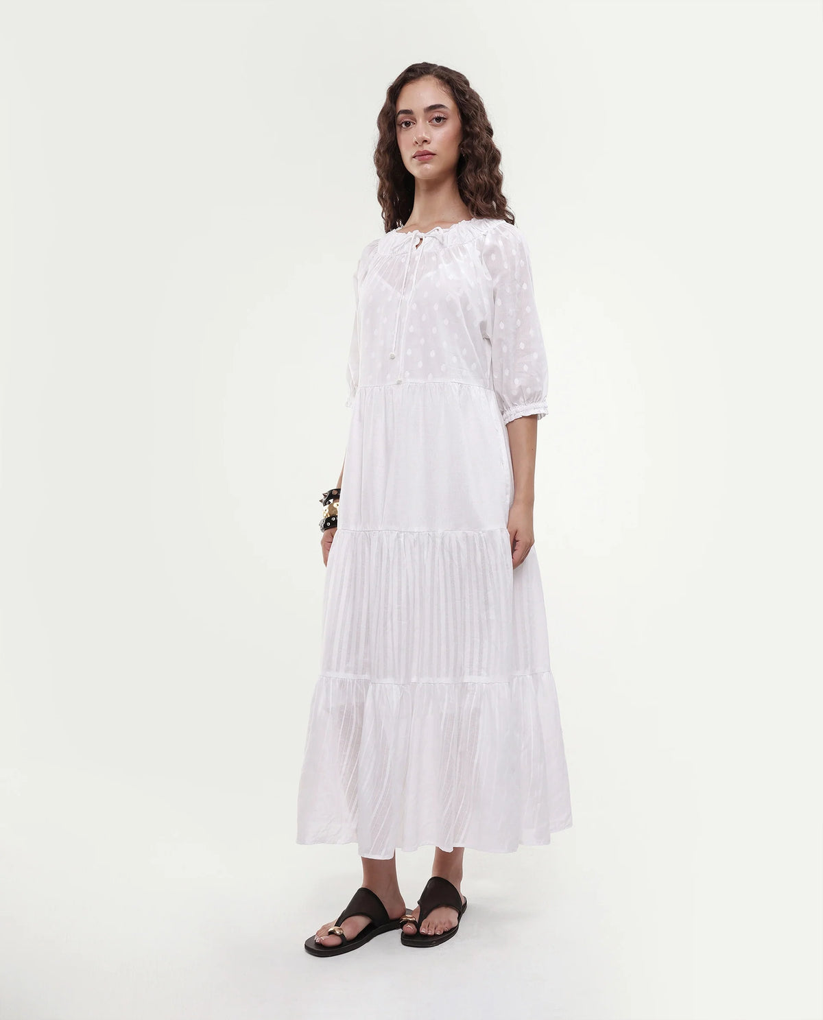 Rareism Women's Myle White Cotton Tie-Up Neck Plain Puff Sleeves Knee Length Regular Fit Dress