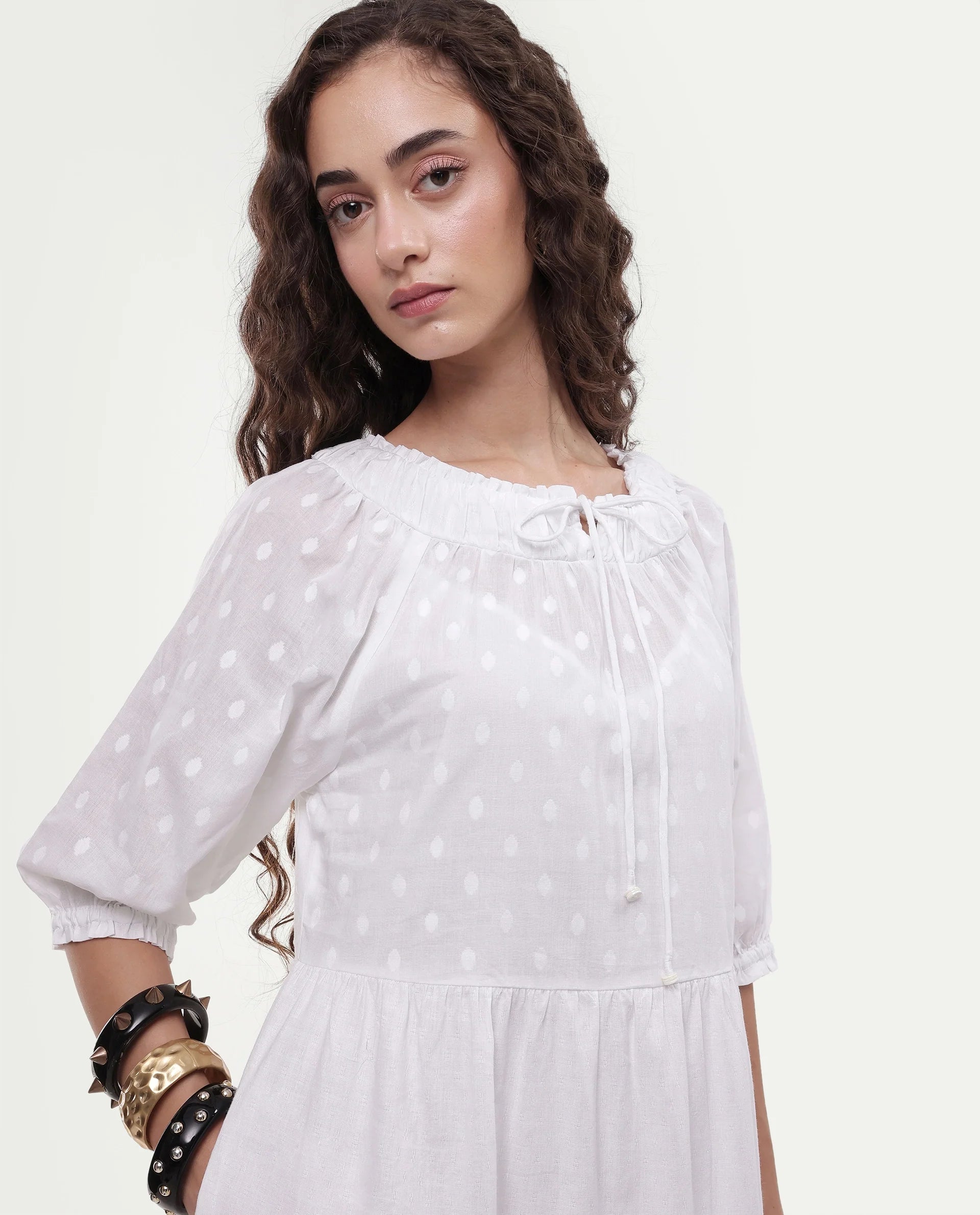 Rareism Women's Myle White Cotton Tie-Up Neck Plain Puff Sleeves Knee Length Regular Fit Dress