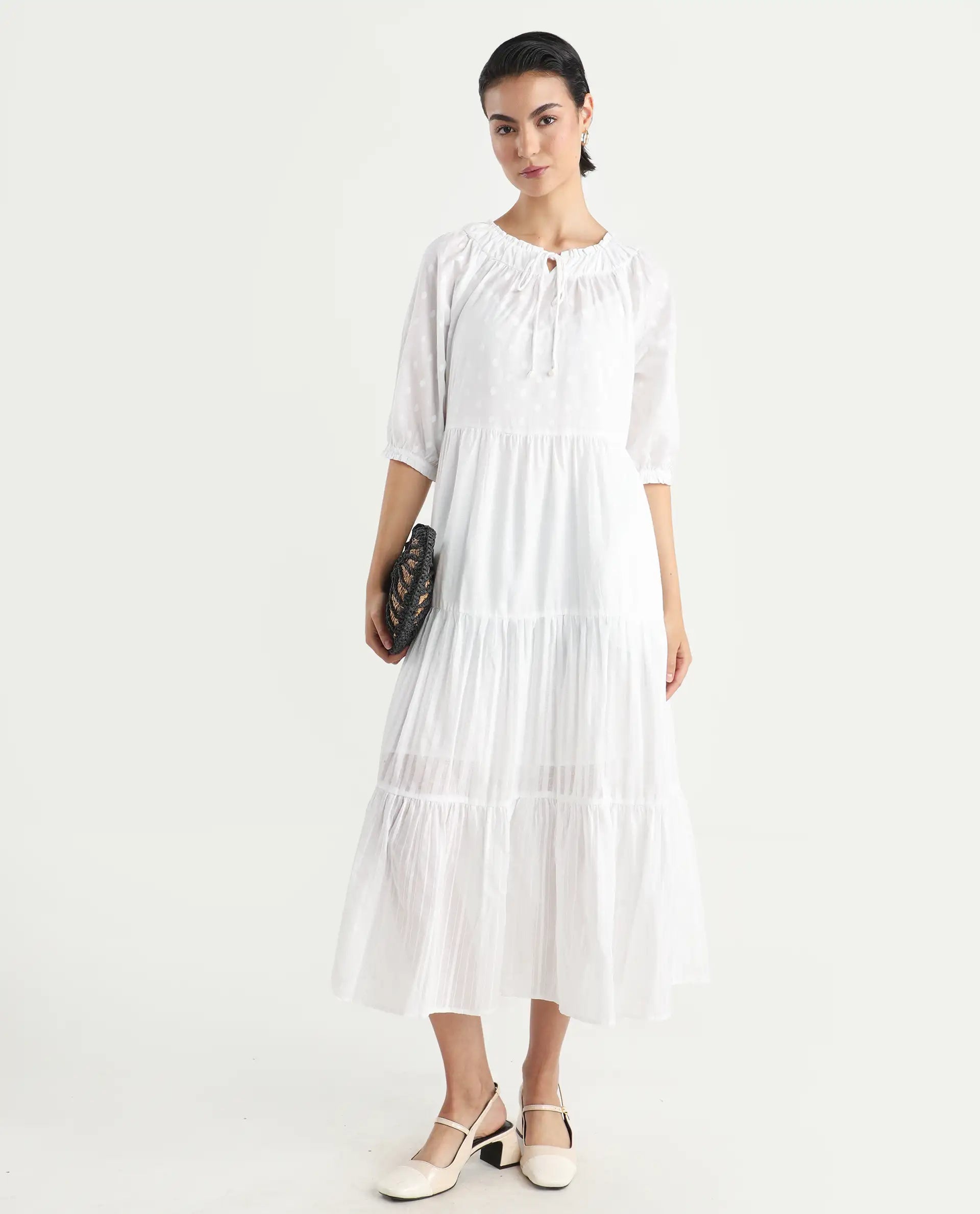 Rareism Women's Myle White Cotton Tie-Up Neck Plain Puff Sleeves Knee Length Regular Fit Dress