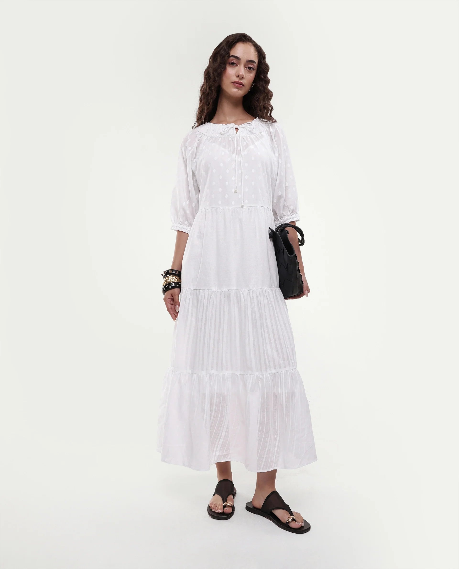 Rareism Women's Myle White Cotton Tie-Up Neck Plain Puff Sleeves Knee Length Regular Fit Dress