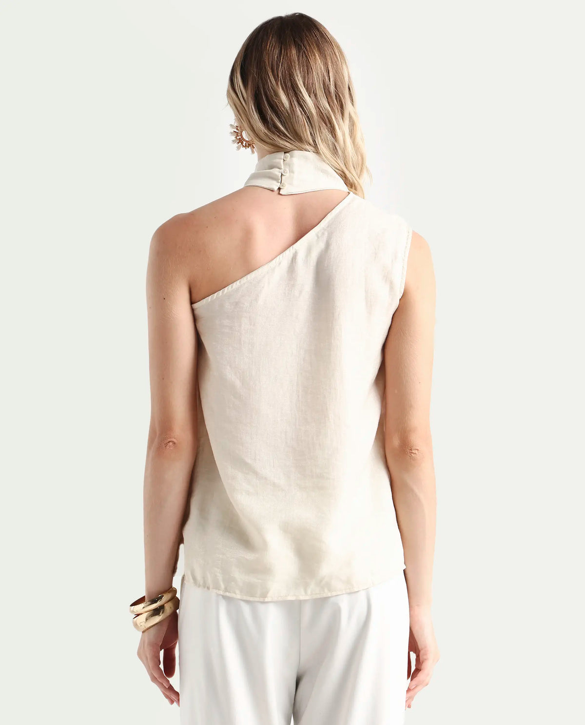 Rareism Women's Urale Beige Rayon Blend Halter Neck Plain Sleeveless Slim Fit Top