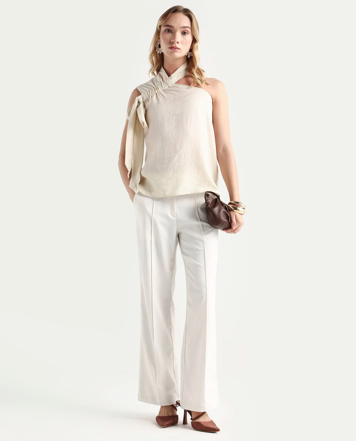Rareism Women's Urale Beige Rayon Blend Halter Neck Plain Sleeveless Slim Fit Top