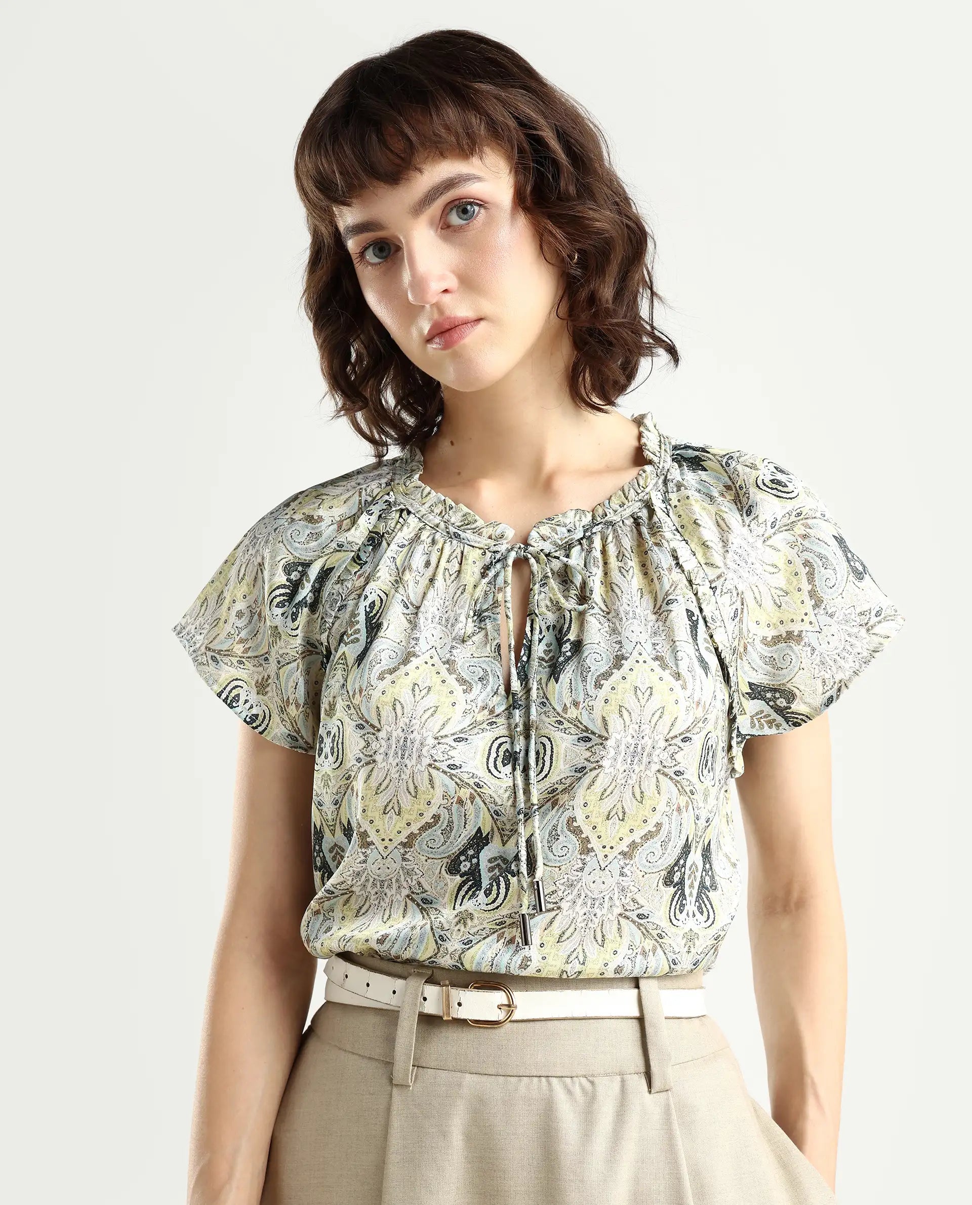 Rareism Women's Eddma White Polyester V-Neck Paisley Print Extended Sleeves Tailored Top