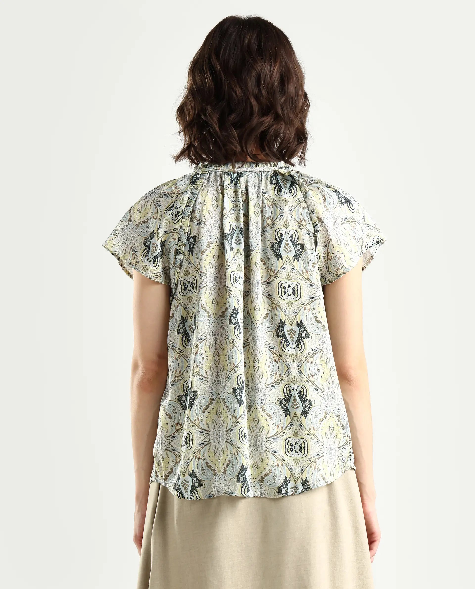 Rareism Women's Eddma White Polyester V-Neck Paisley Print Extended Sleeves Tailored Top