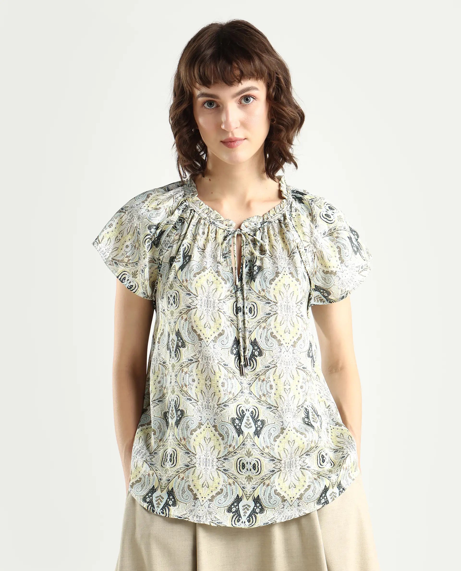 Rareism Women's Eddma White Polyester V-Neck Paisley Print Extended Sleeves Tailored Top