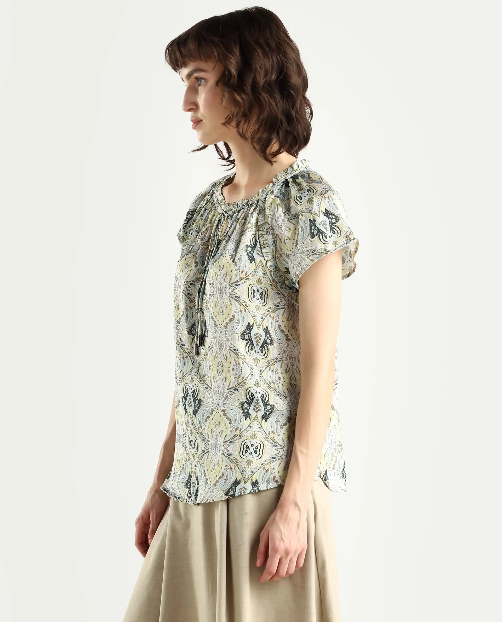 Rareism Women's Eddma White Polyester V-Neck Paisley Print Extended Sleeves Tailored Top