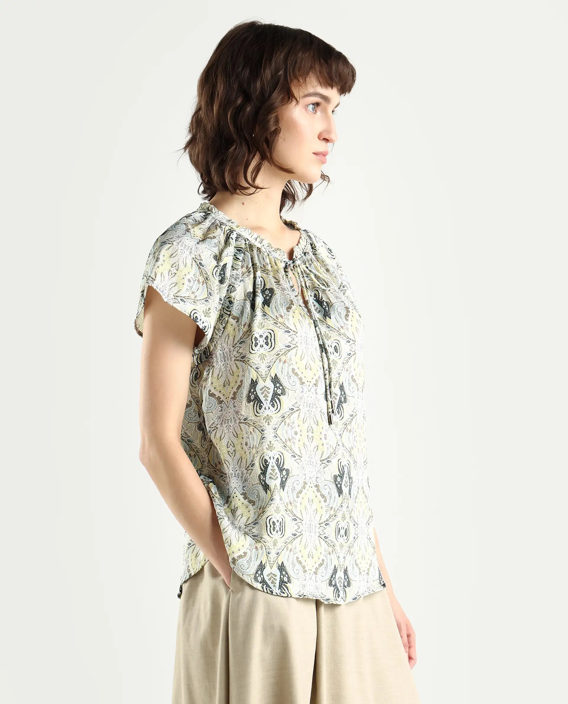 Rareism Women's Eddma White Polyester V-Neck Paisley Print Extended Sleeves Tailored Top