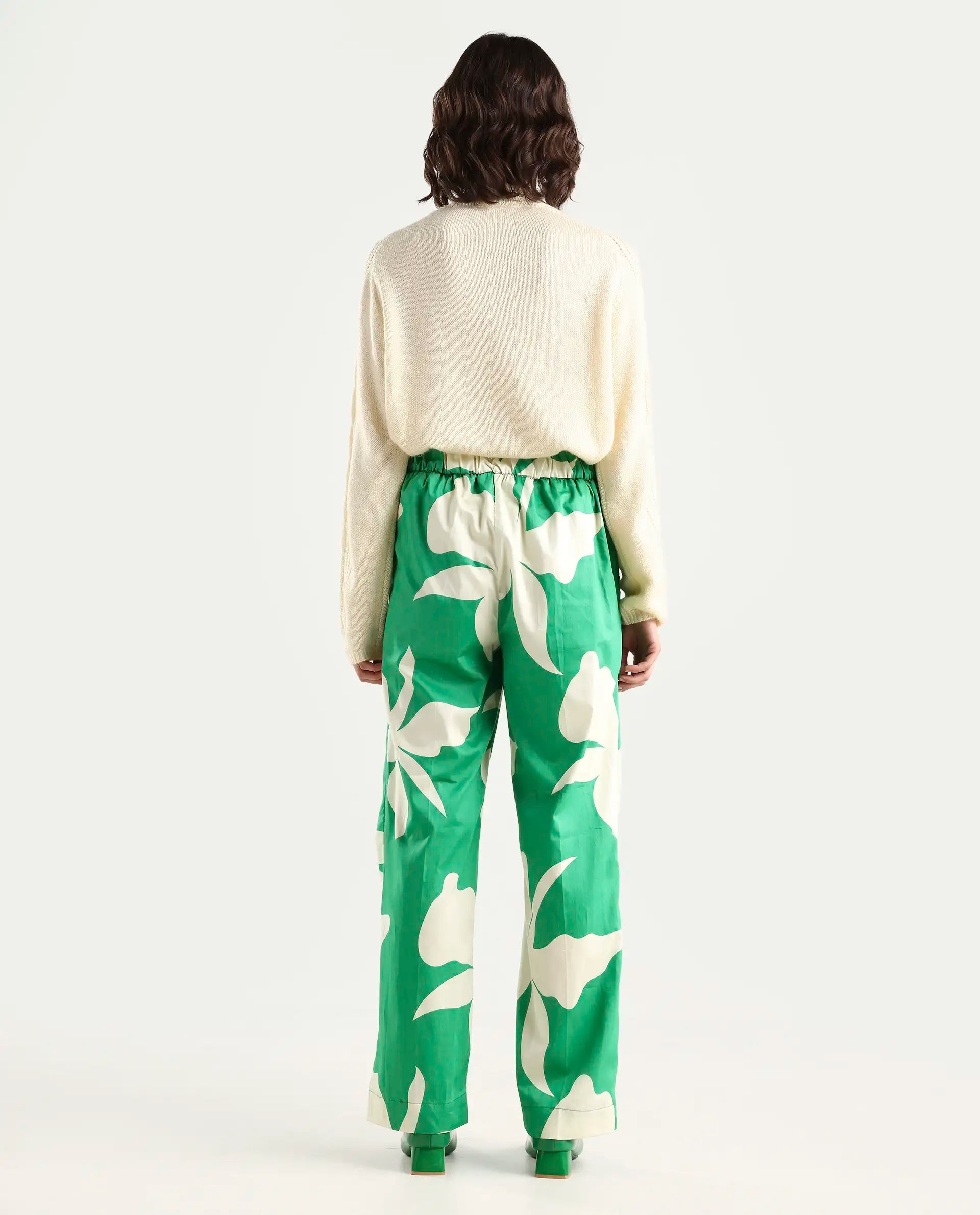 Rareism Women's Slag Green Cotton Floral Print Ankle Length Relaxed Fit Trouser