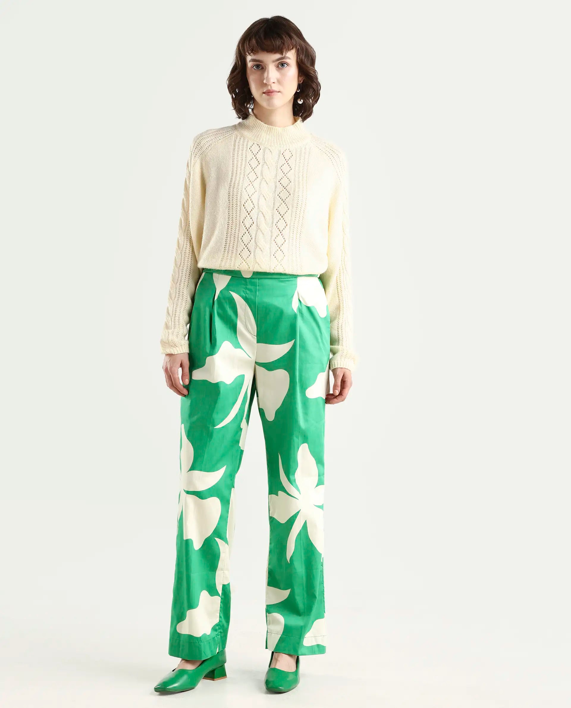 Rareism Women's Slag Green Cotton Floral Print Ankle Length Relaxed Fit Trouser