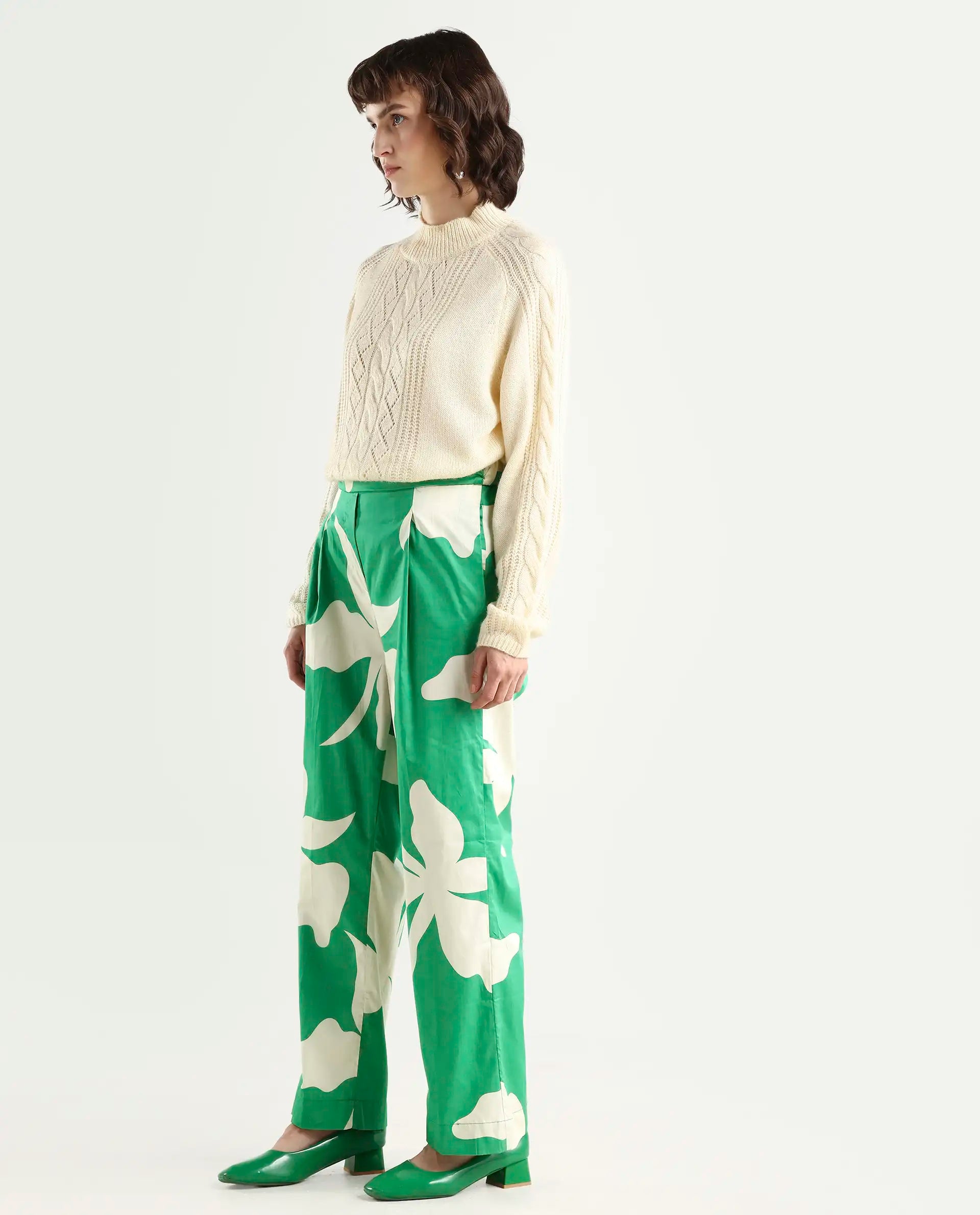 Rareism Women's Slag Green Cotton Floral Print Ankle Length Relaxed Fit Trouser