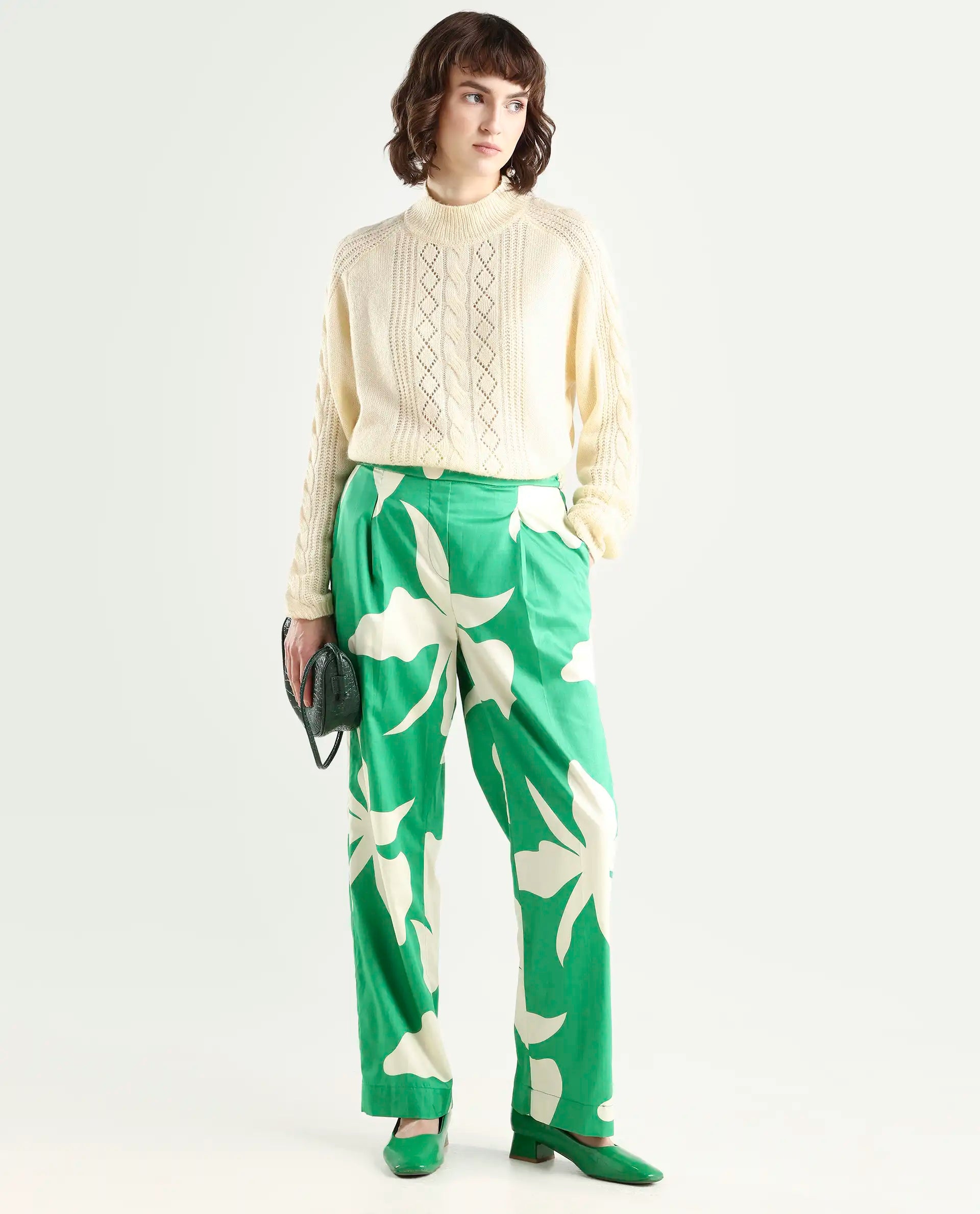 Rareism Women's Slag Green Cotton Floral Print Ankle Length Relaxed Fit Trouser