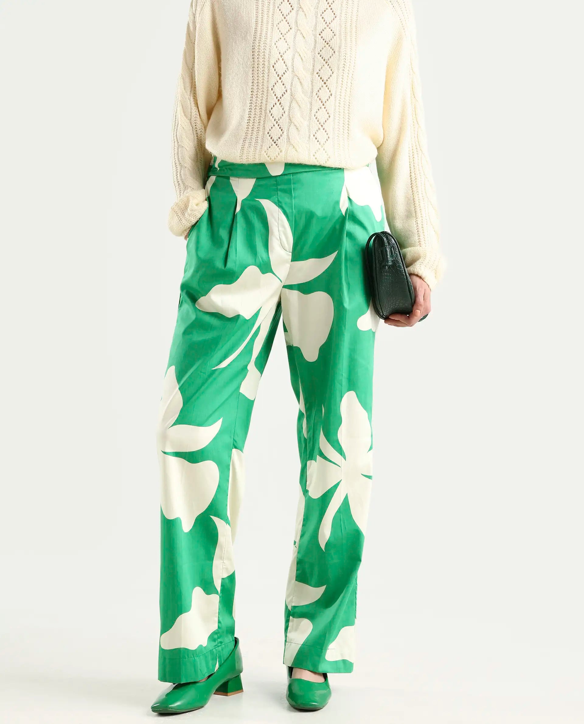 Rareism Women's Slag Green Cotton Floral Print Ankle Length Relaxed Fit Trouser