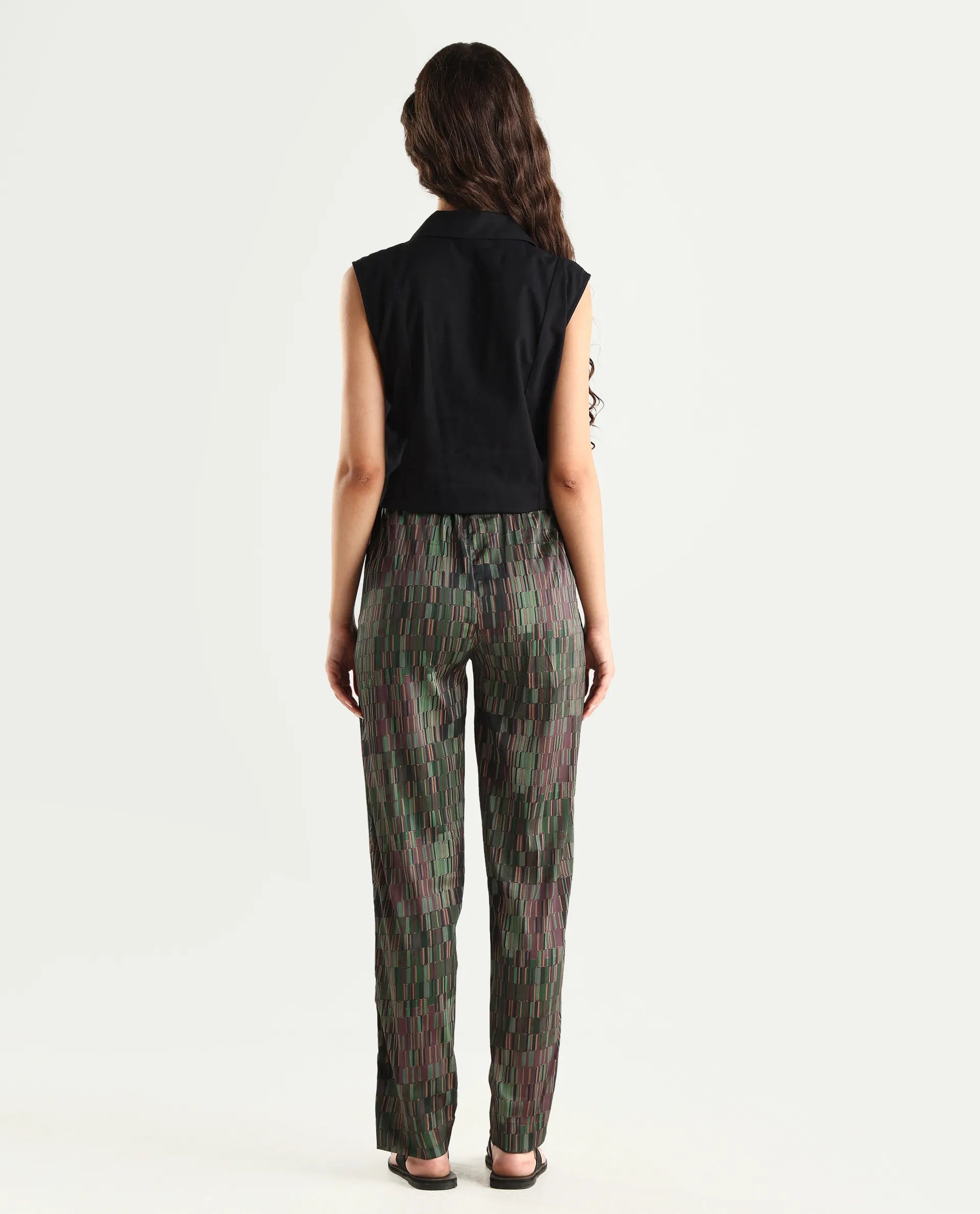 Rareism Women's Millie Olive Polyester Geometric Print Ankle Length Tailored Trouser
