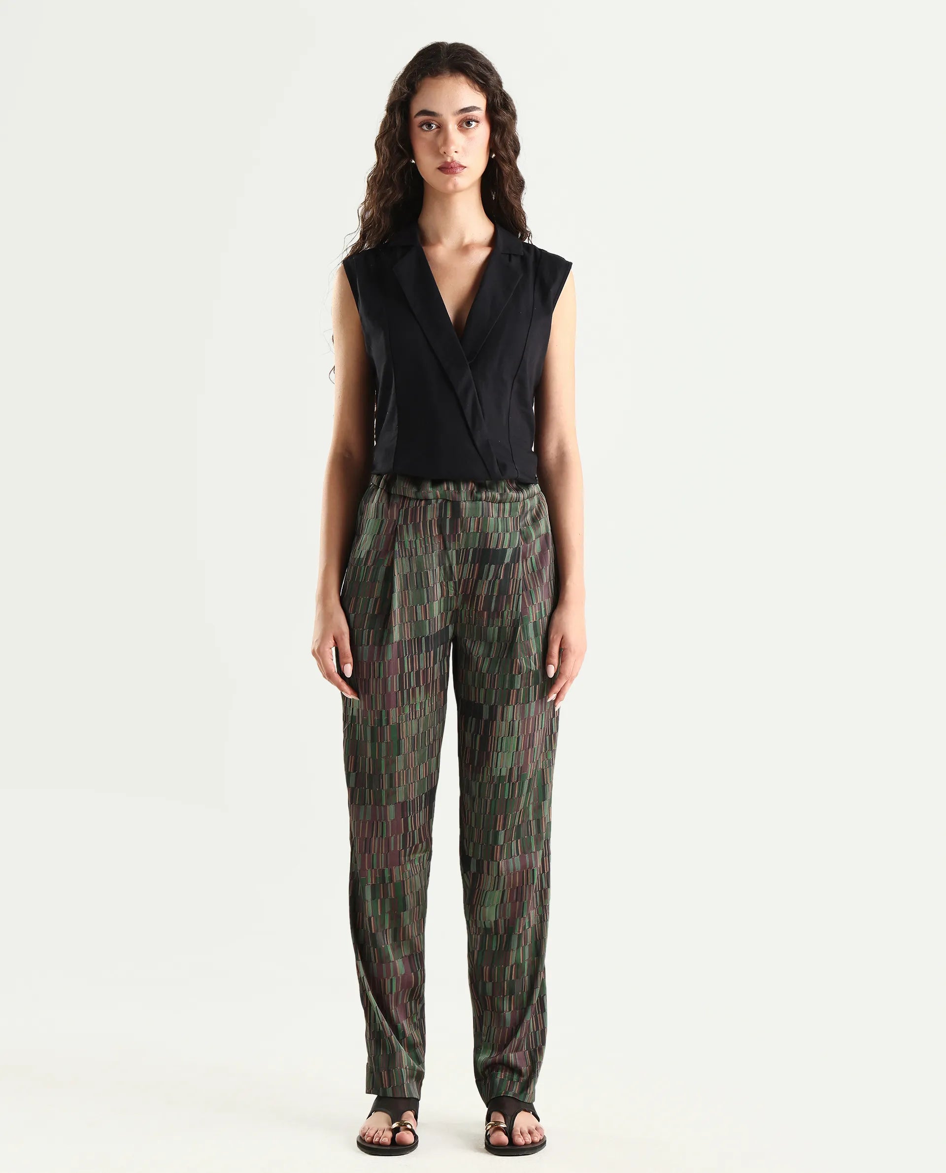 Rareism Women's Millie Olive Polyester Geometric Print Ankle Length Tailored Trouser