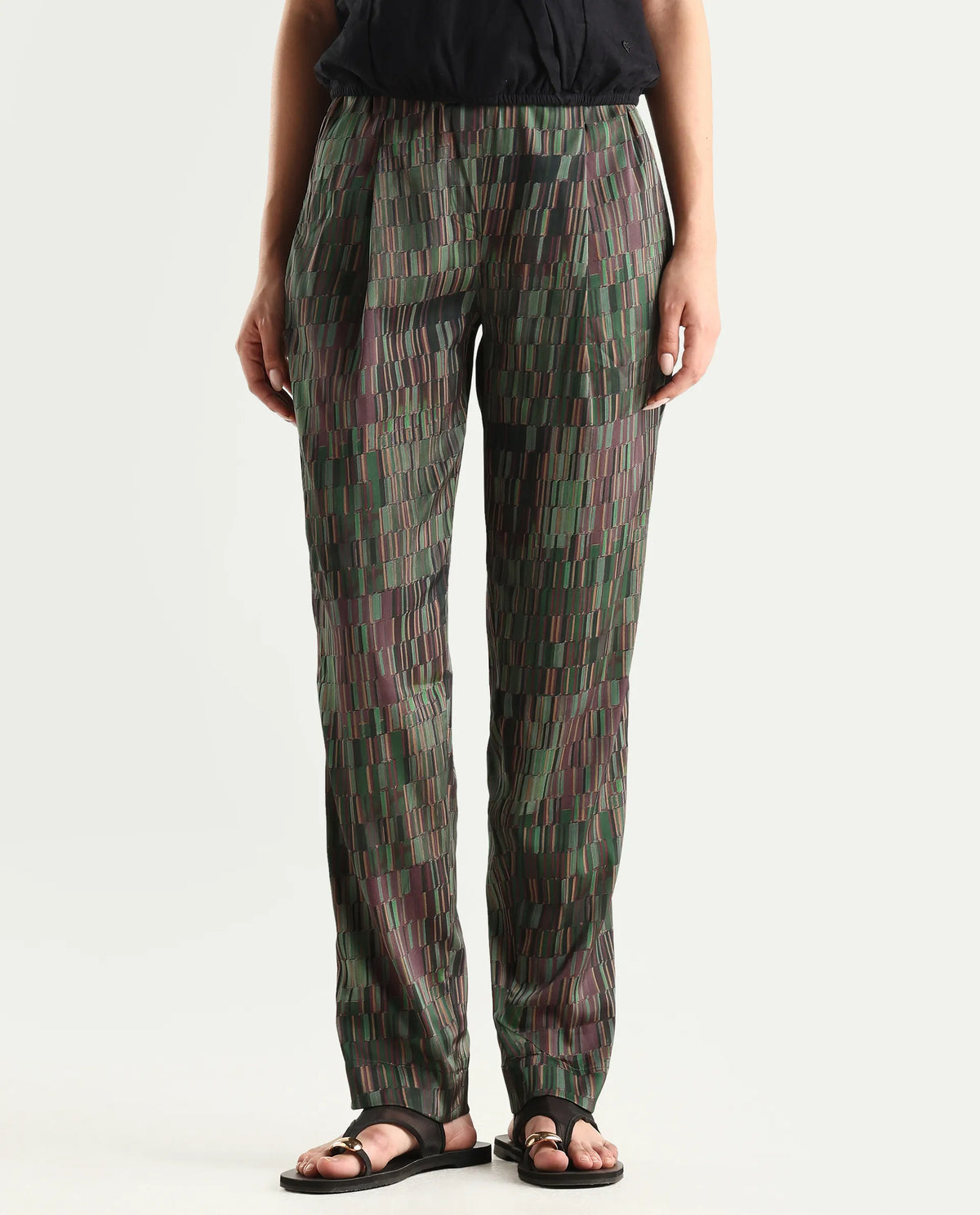 Rareism Women's Millie Olive Polyester Geometric Print Ankle Length Tailored Trouser